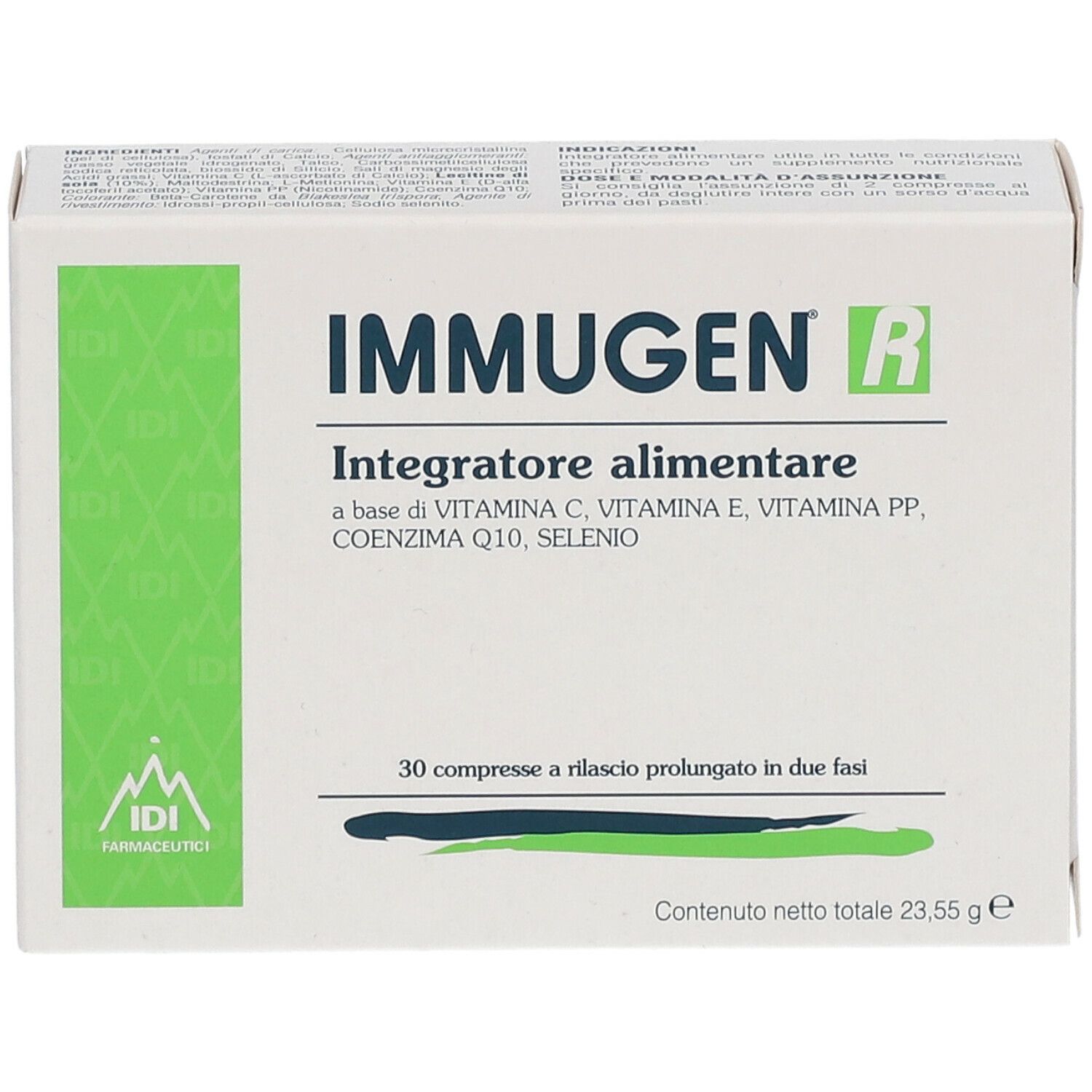 Scatola di Immugen R, integratore alimentare. Contiene 30 compresse. Ingredienti: Vitamina C, E, PP, Q10, Selenio.