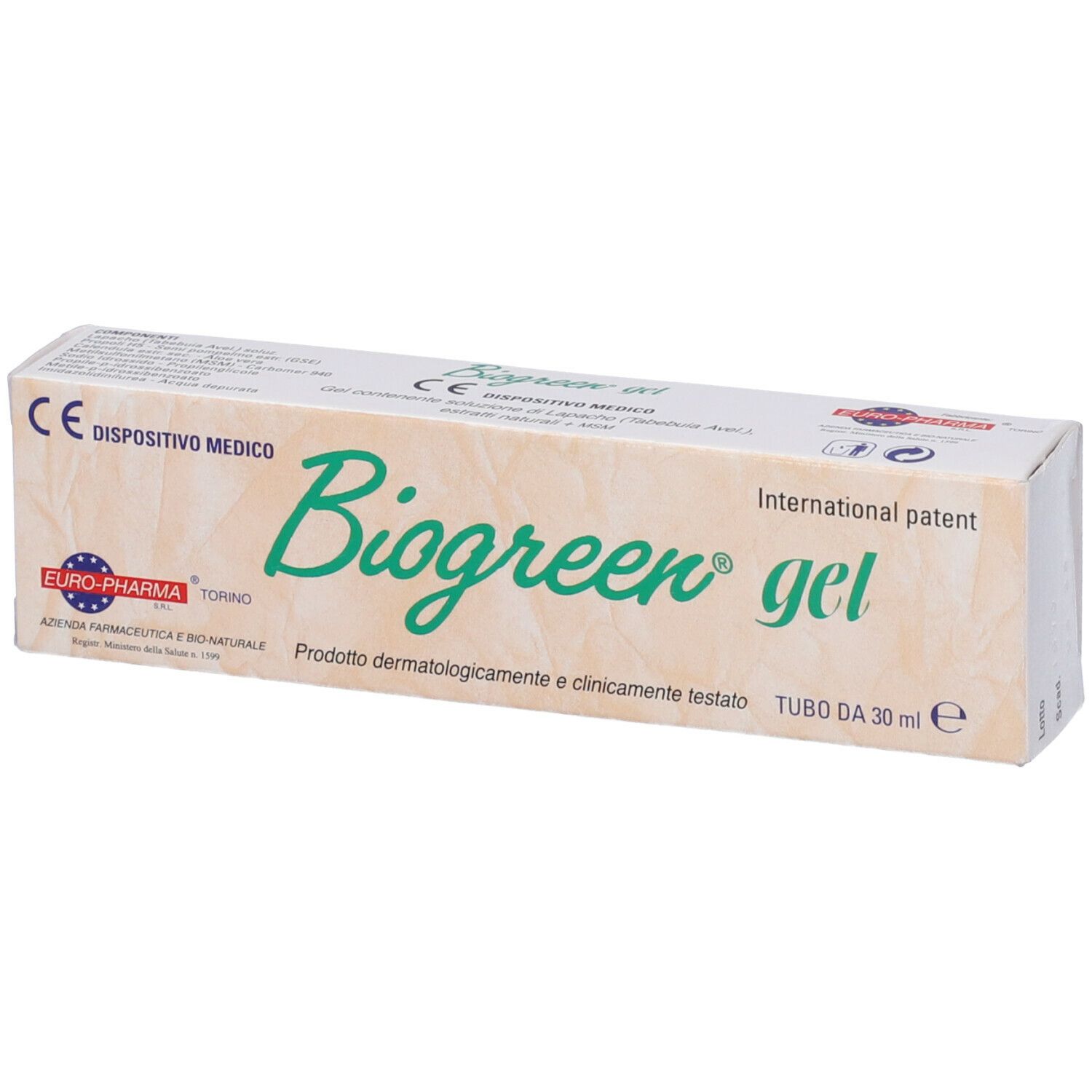 Scatola con scritta Biogreen gel. Verde. Scritta: Dermatologicamente e clinicamente testato. Dispositivo medico. Logo Euro-Pharma.