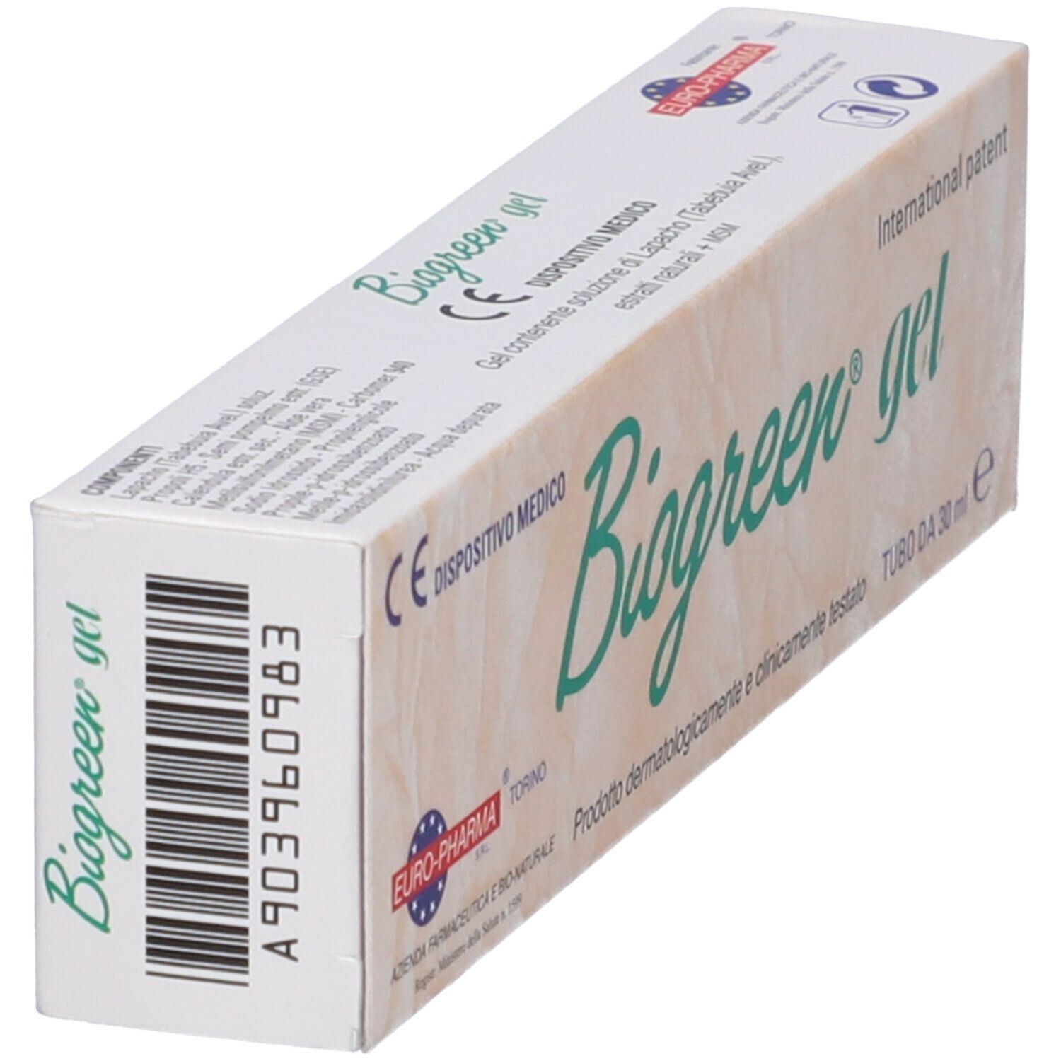 Scatola con scritta Biogreen gel. Verde. Scritta: Dermatologicamente e clinicamente testato. Dispositivo medico. Logo Euro-Pharma. Codice a barre.