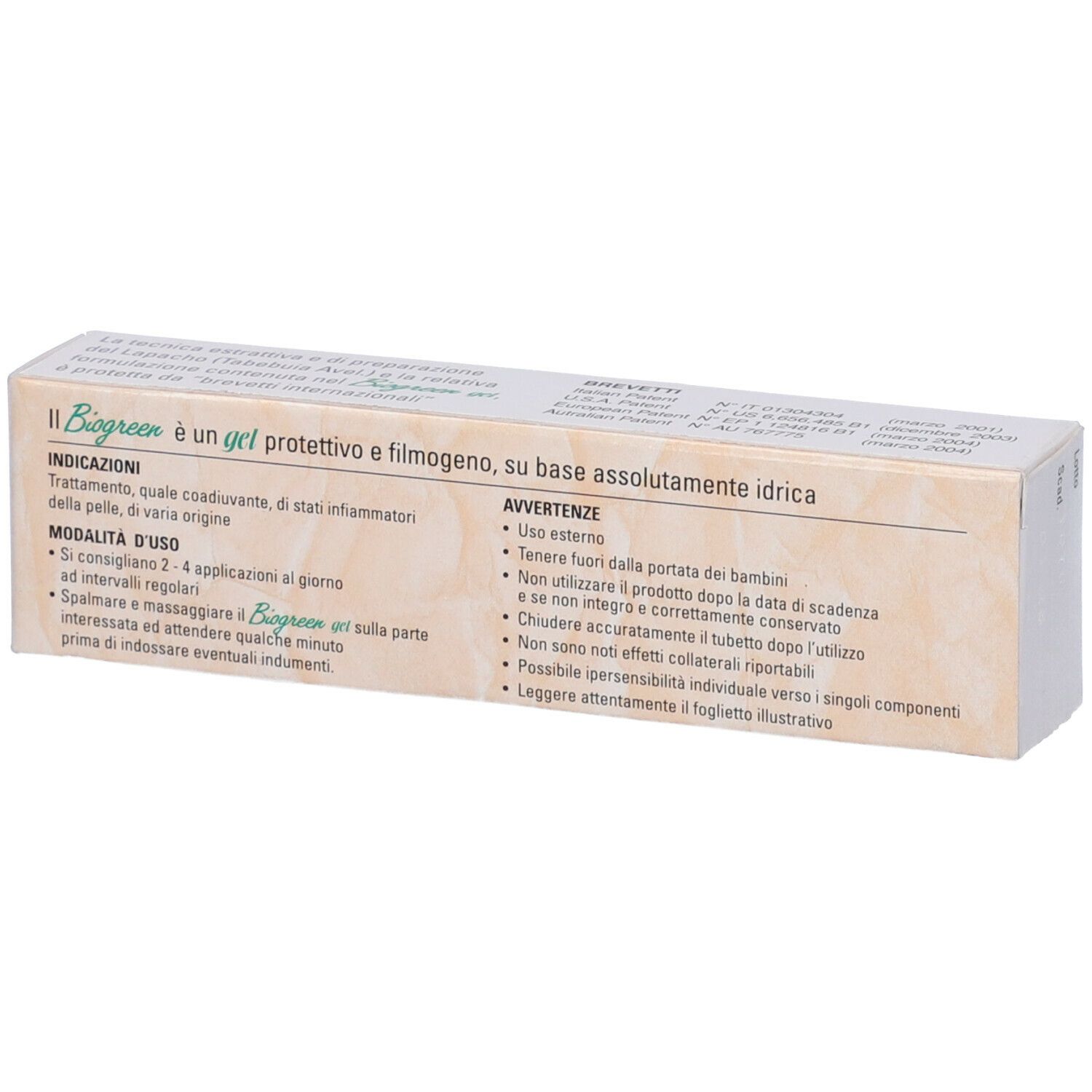 Scatola con testo. Scritta: Biogreen gel. Dispositivo medico. Istruzioni per l'uso. Avvertenze. Ingredienti. Logo Euro-Pharma.