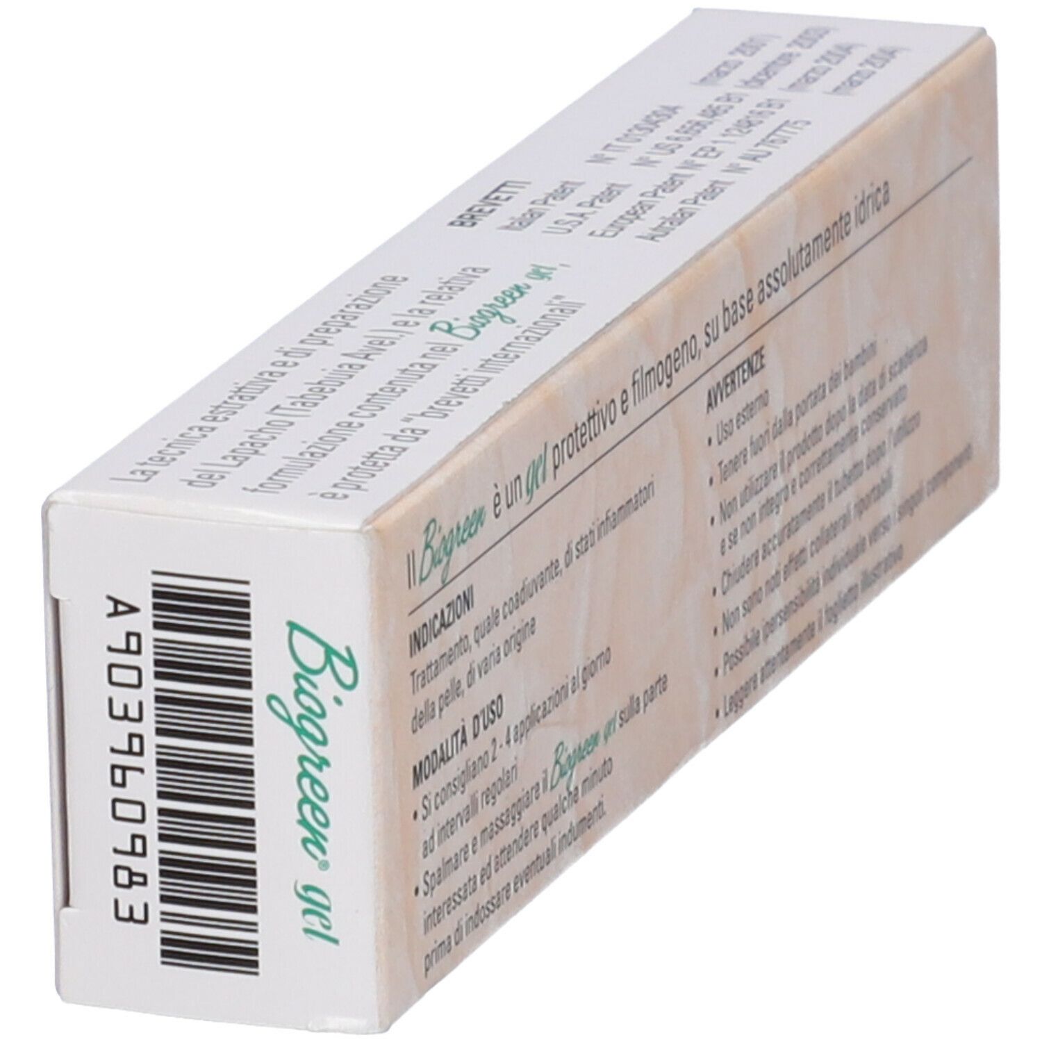 Scatola con testo. Scritta: Biogreen gel. Dispositivo medico. Istruzioni per l'uso. Avvertenze. Ingredienti. Logo Euro-Pharma. Codice a barre.