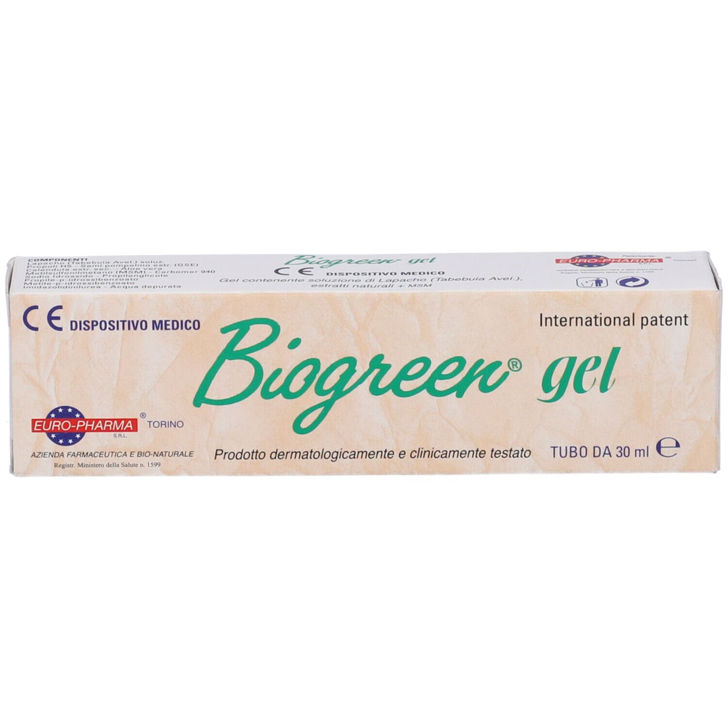 Scatola con scritta Biogreen gel. Verde. Scritta: Dermatologicamente e clinicamente testato. Dispositivo medico. Logo Euro-Pharma.
