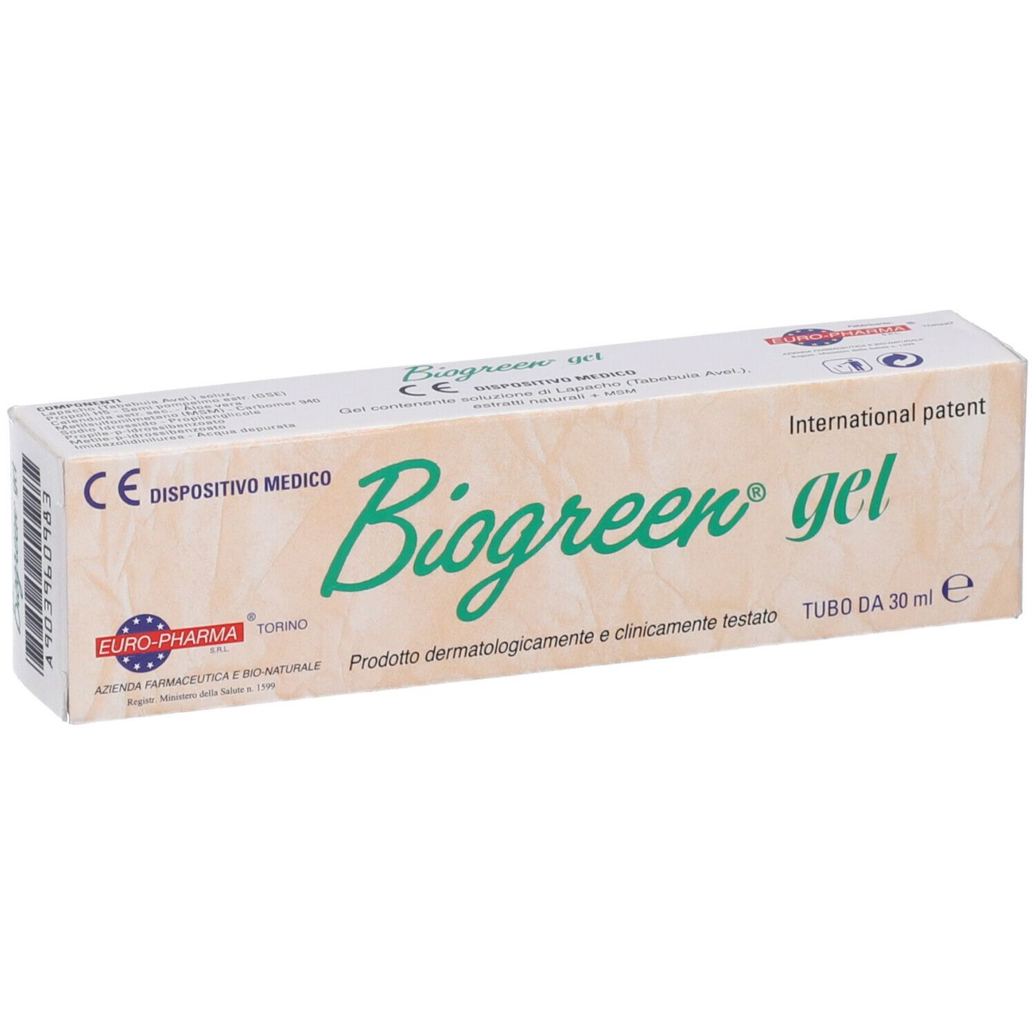 Scatola con scritta Biogreen gel. Verde. Scritta: Dermatologicamente e clinicamente testato. Dispositivo medico. Logo Euro-Pharma.