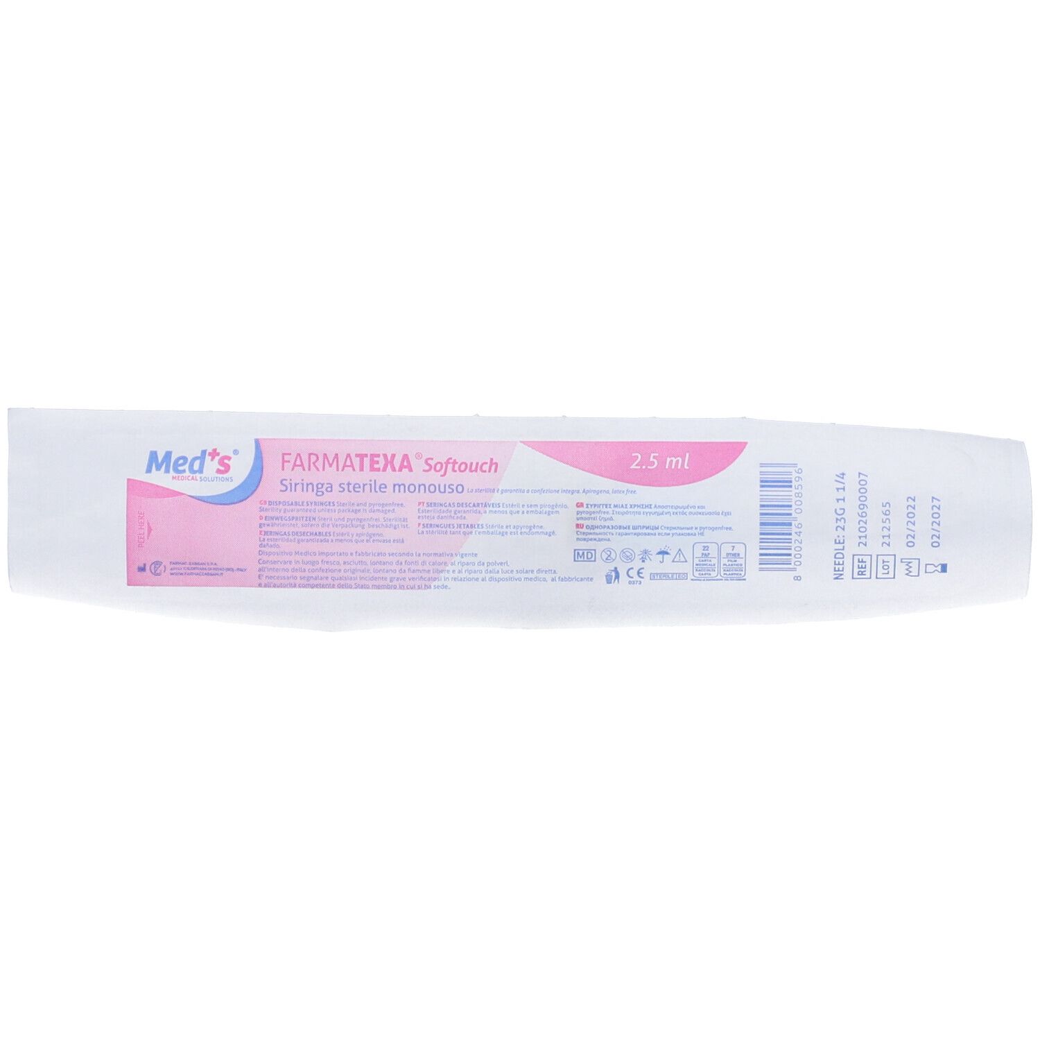 Confezione di siringa. Scritta: Med's, FARMATEXA Softouch, 2,5 ml. Siringa sterile monouso.