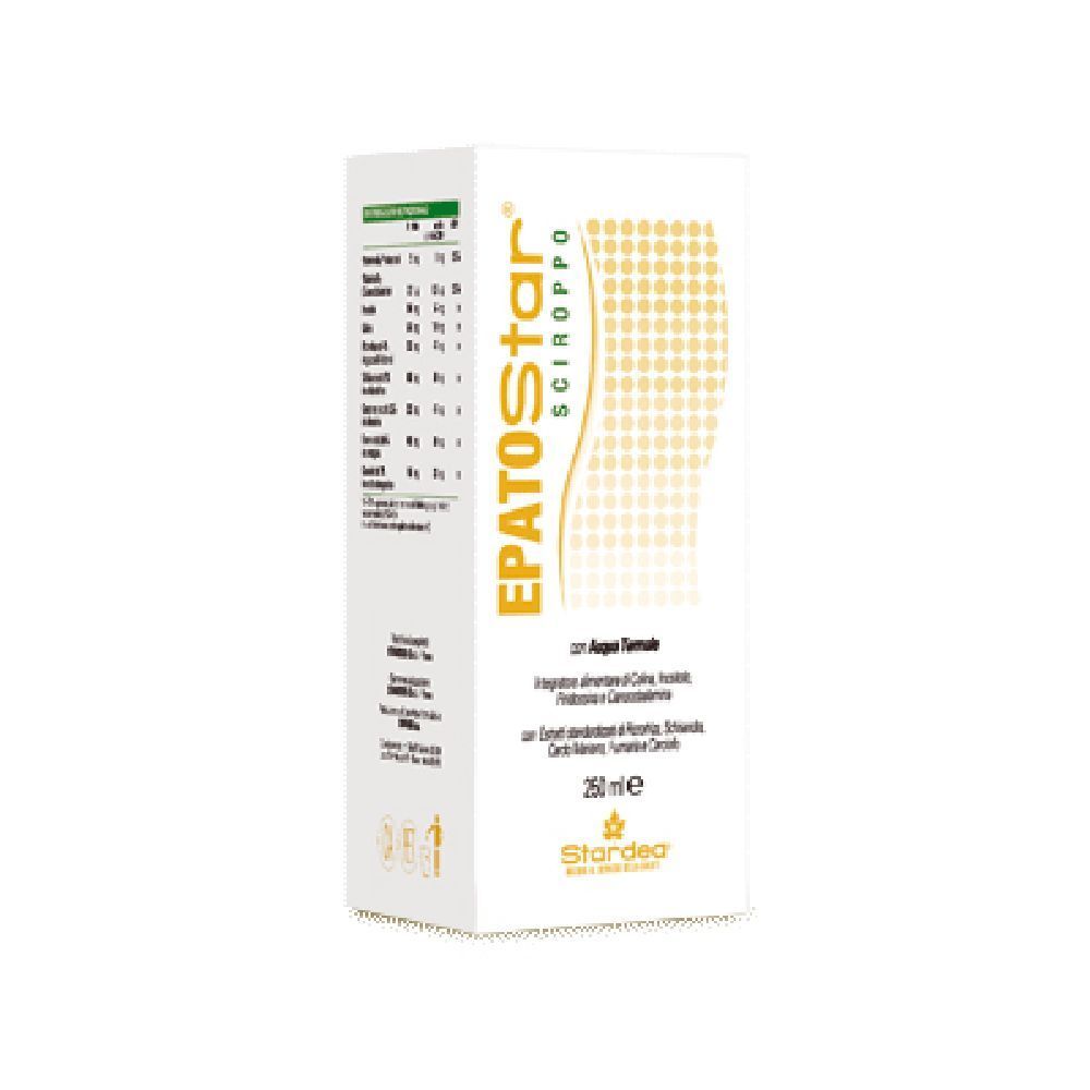Scatola con stampa del prodotto. Scritto: Epatostar, 250 ml. Contiene informazioni nutrizionali e logo.