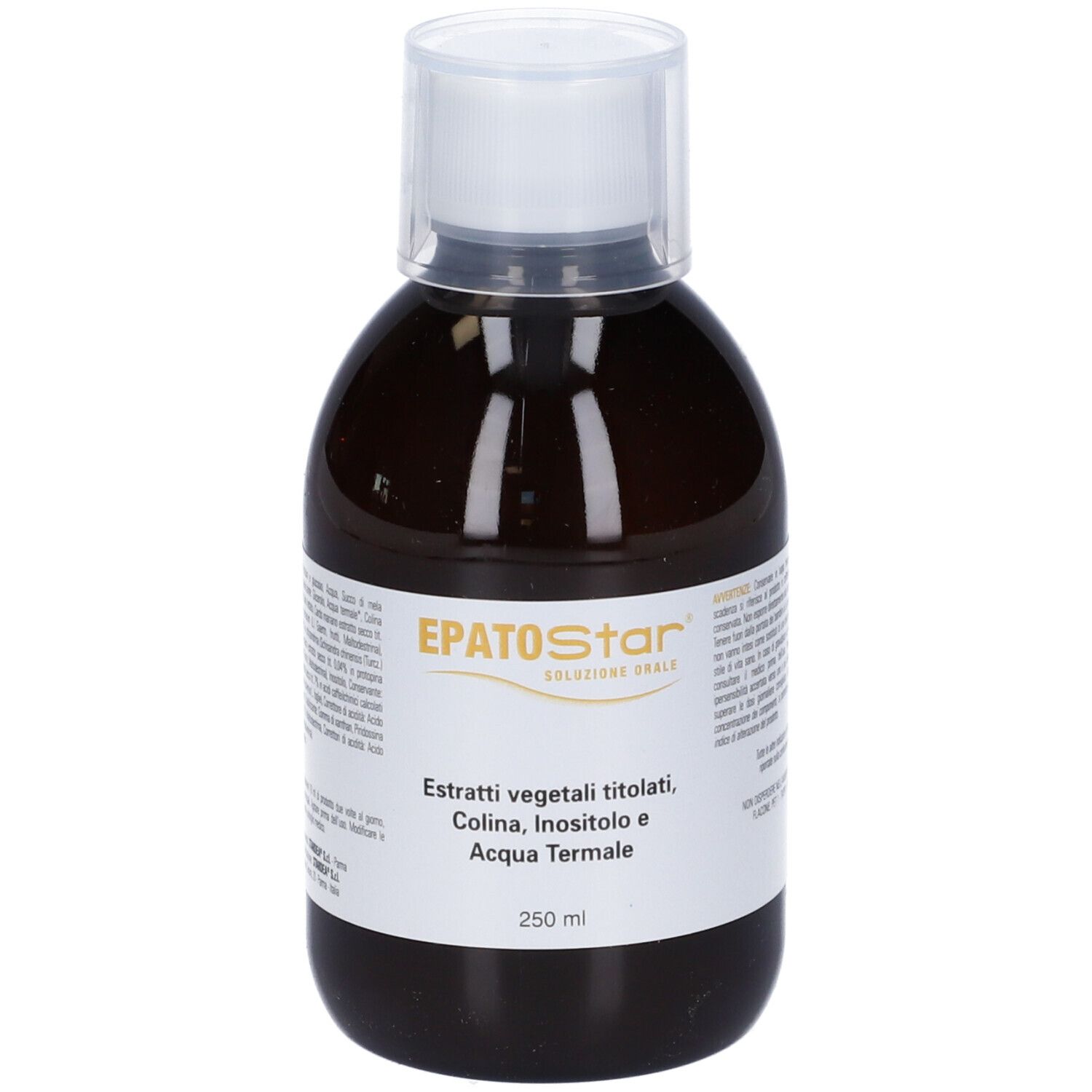 Liquido marrone in bottiglia con tappo bianco. Etichetta con nome del prodotto e ingredienti.