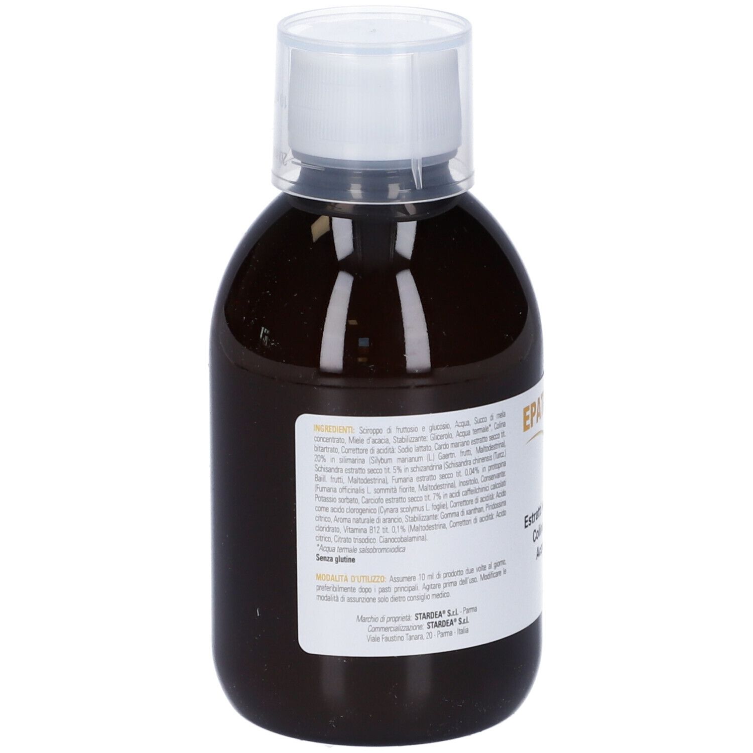 Liquido marrone in bottiglia con tappo bianco. Etichetta con informazioni e ingredienti del prodotto.