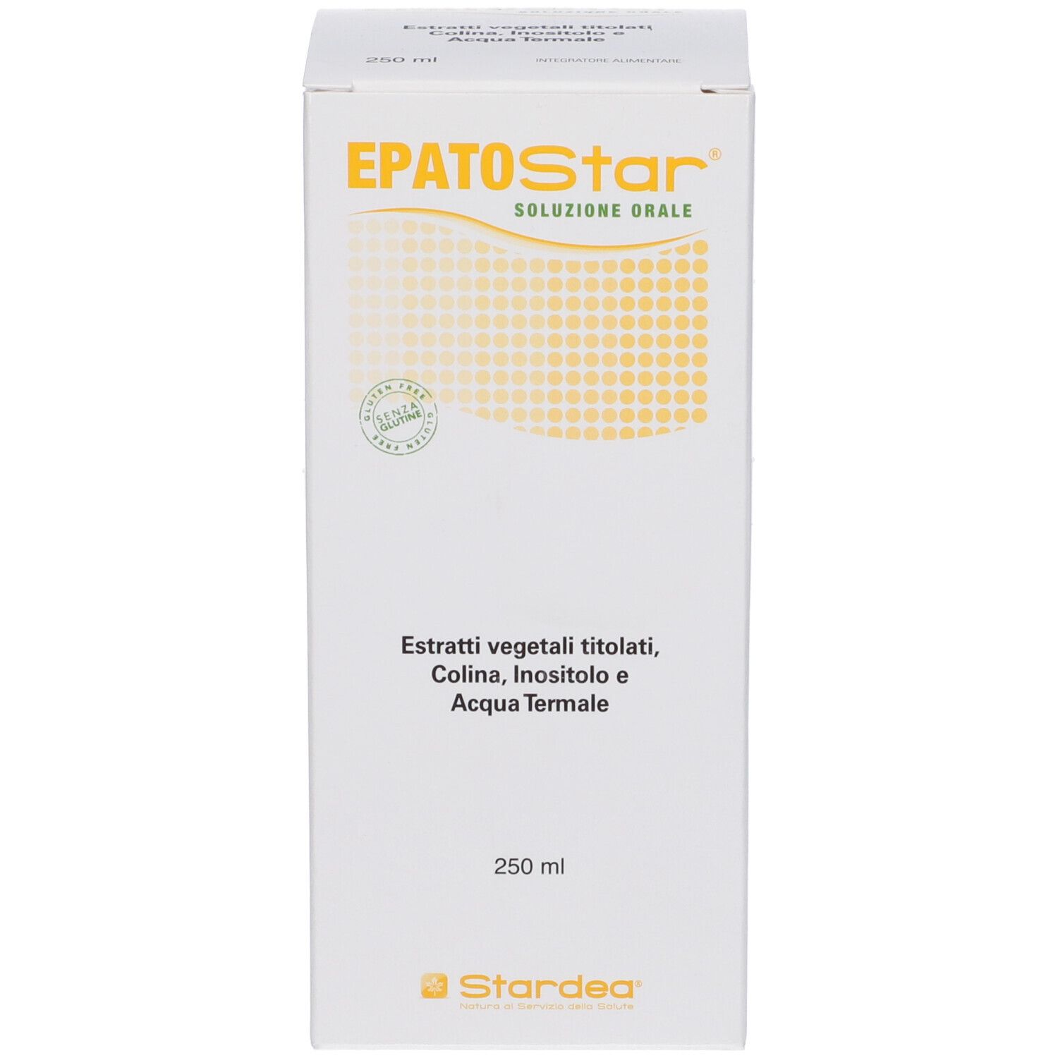 Scatola con stampa del prodotto. Scritto: Epatostar, 250 ml. Contiene logo e certificazione.