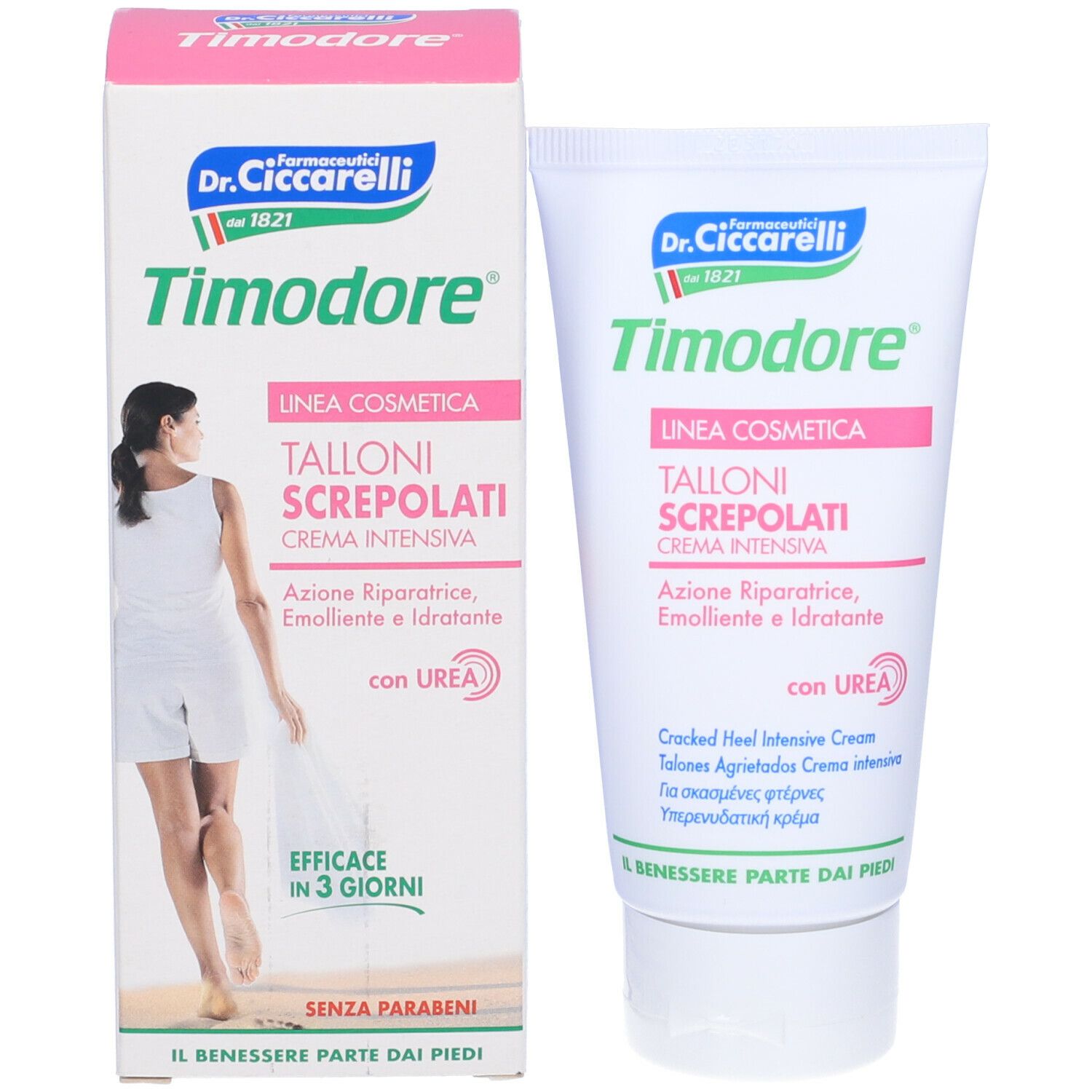 Tubo di crema e confezione. Scritta: Timodore, crema per talloni screpolati. Con urea. Marchio Dr. Ciccarelli.