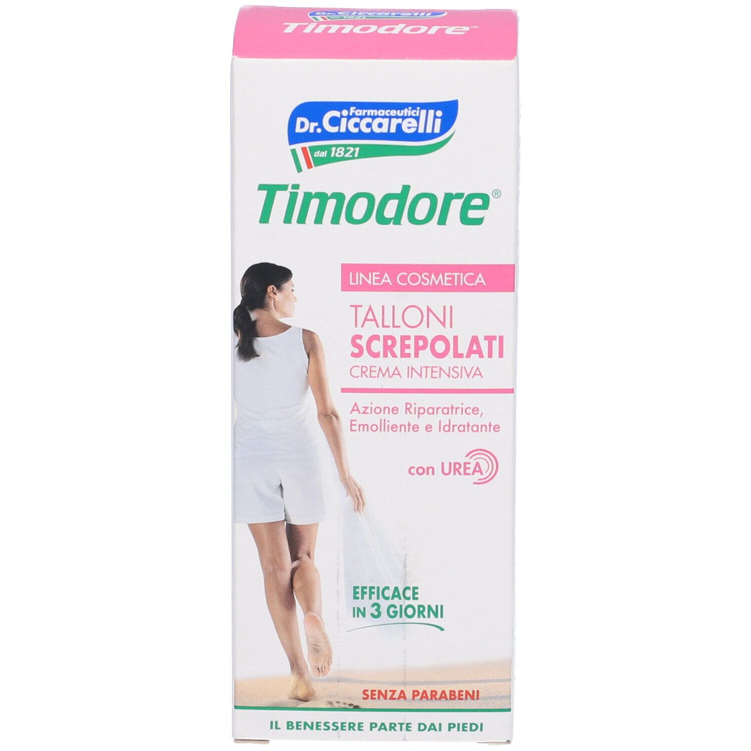 Confezione. Scritta: Timodore, crema per talloni screpolati. Con urea. Marchio Dr. Ciccarelli. Donna raffigurata.