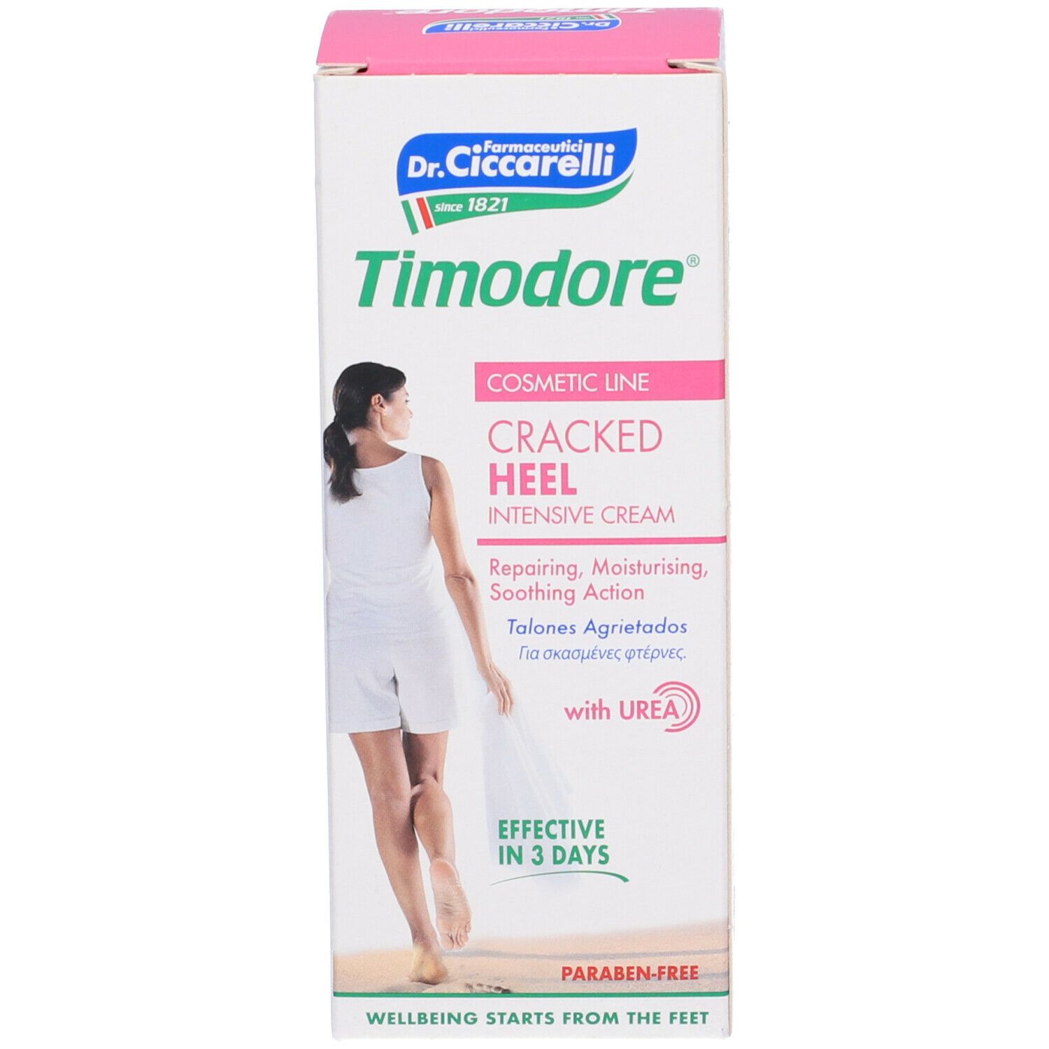 Confezione. Scritta: Timodore, crema per talloni screpolati. Marchio Dr. Ciccarelli. Donna raffigurata.