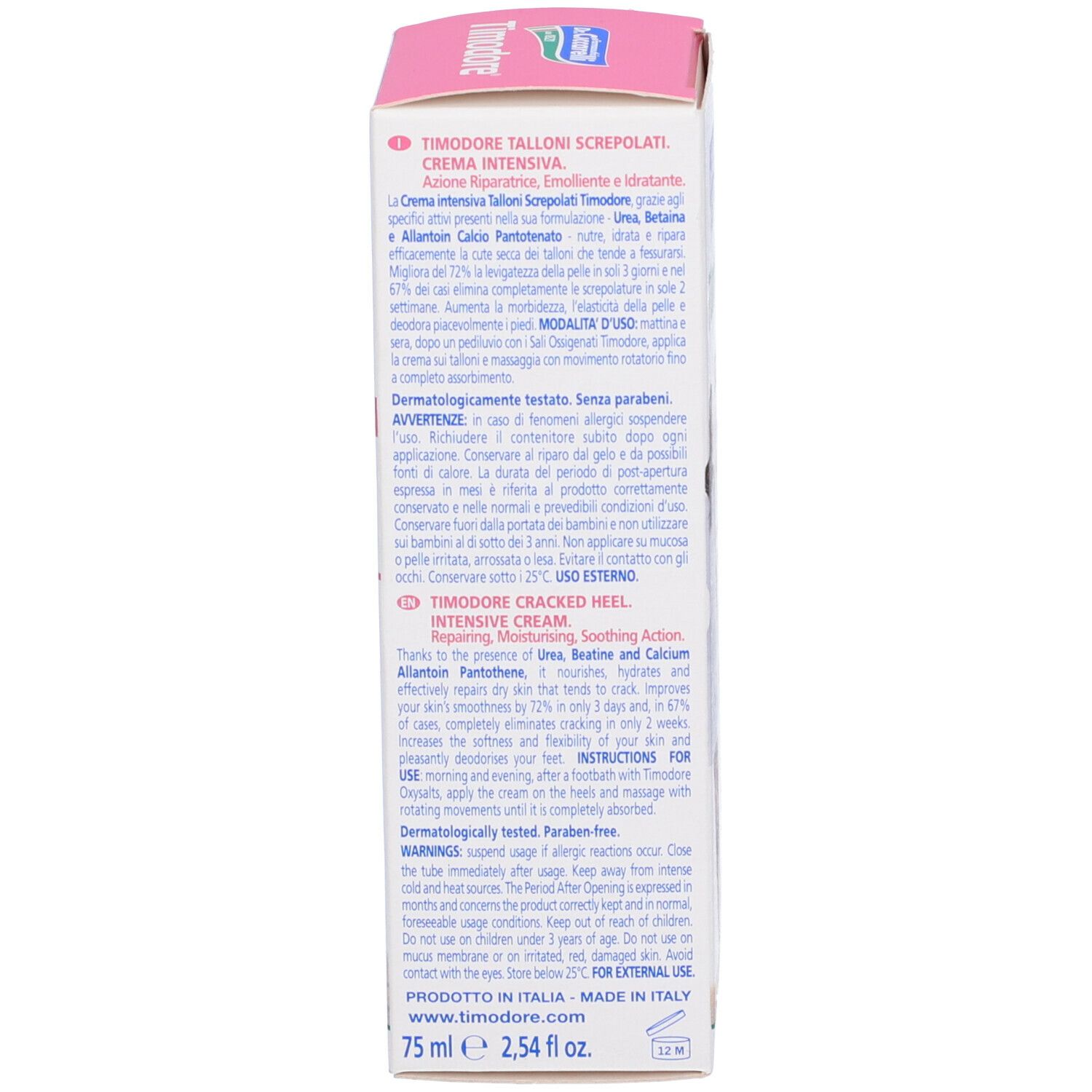 Lato della confezione. Testo in più lingue. Marchio Dr. Ciccarelli. Contenuto: 75 ml.
