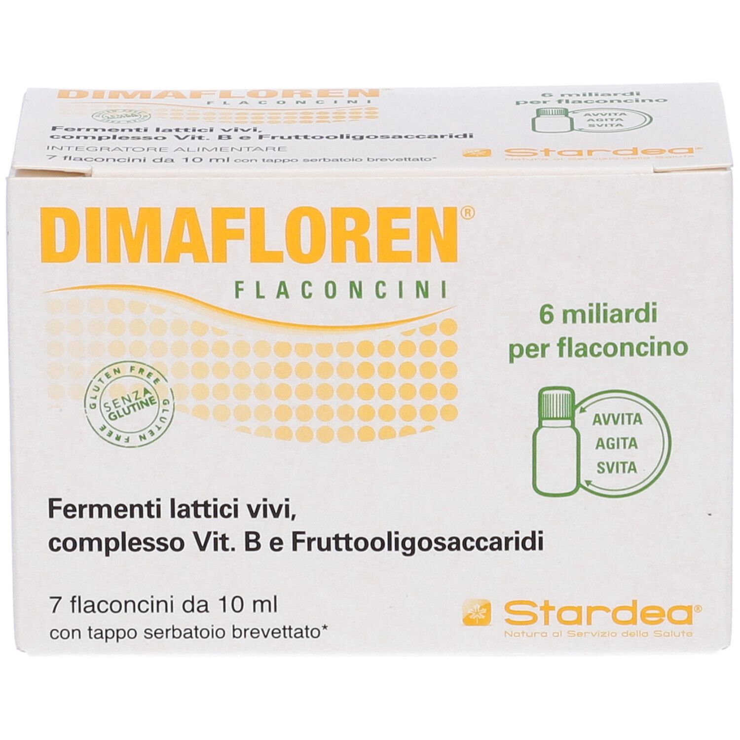 Boîte de Dimafloren Flaconcini. Contient 7 flacons. Inscription : Fermenti lattici vivi, complesso Vit. B e Frutto-oligosaccaridi.