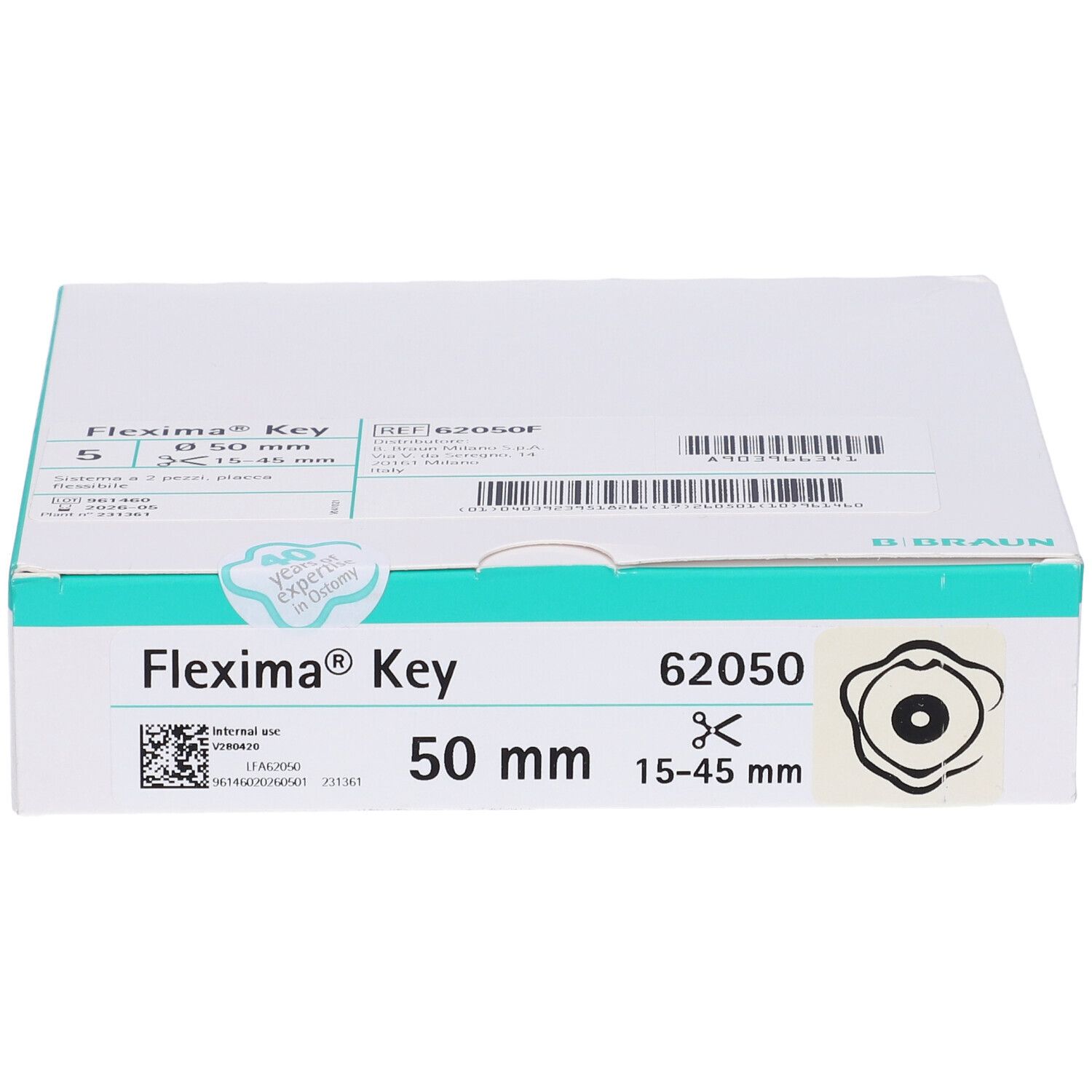 Confezione Flexima Key. Scatola bianca con linea verde. Nome e dimensioni del prodotto.