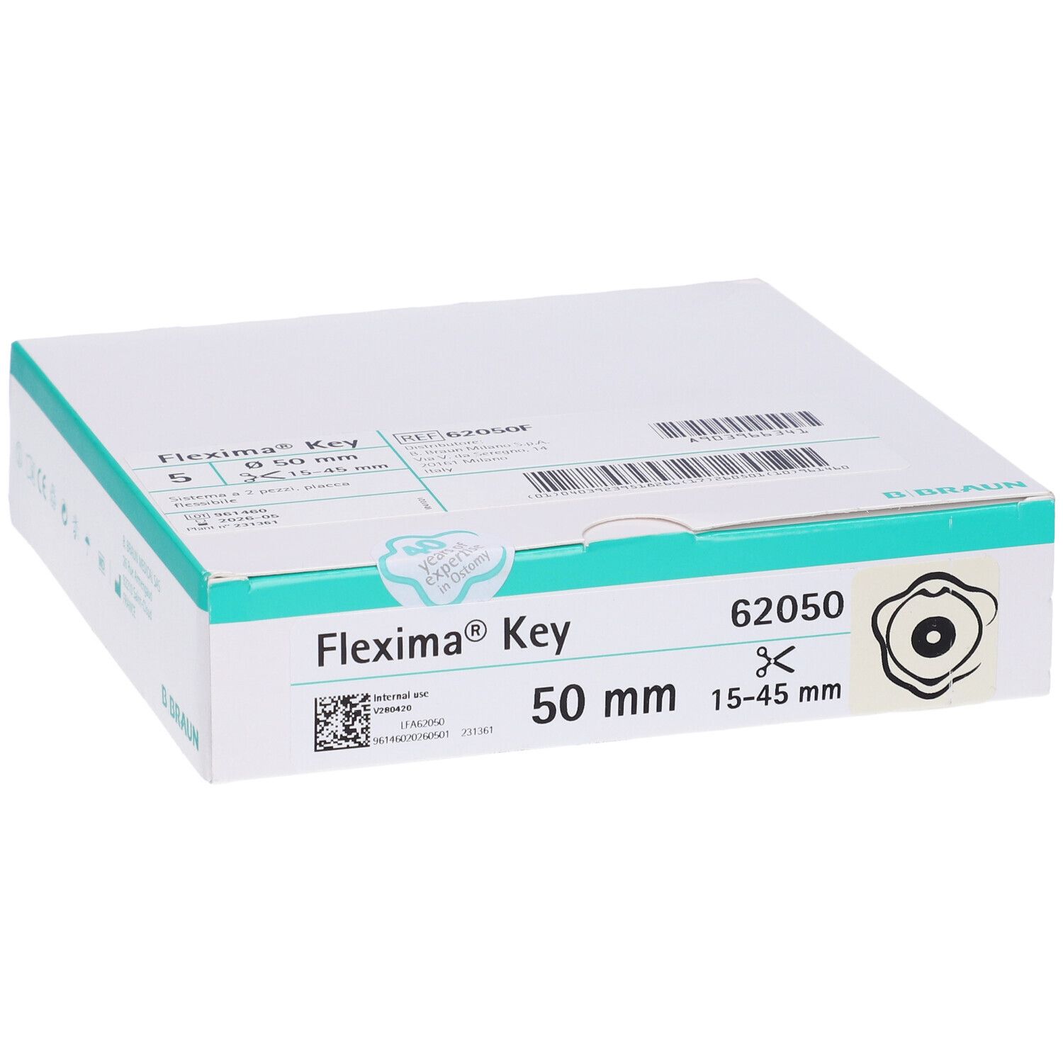 Confezione Flexima Key. Scatola bianca con linea verde. Nome e dimensioni del prodotto.