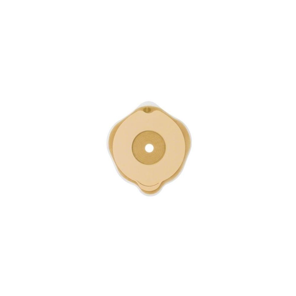 Dispositivo medico. Placca rotonda beige chiaro con foro centrale. Più strati, forma arrotondata.