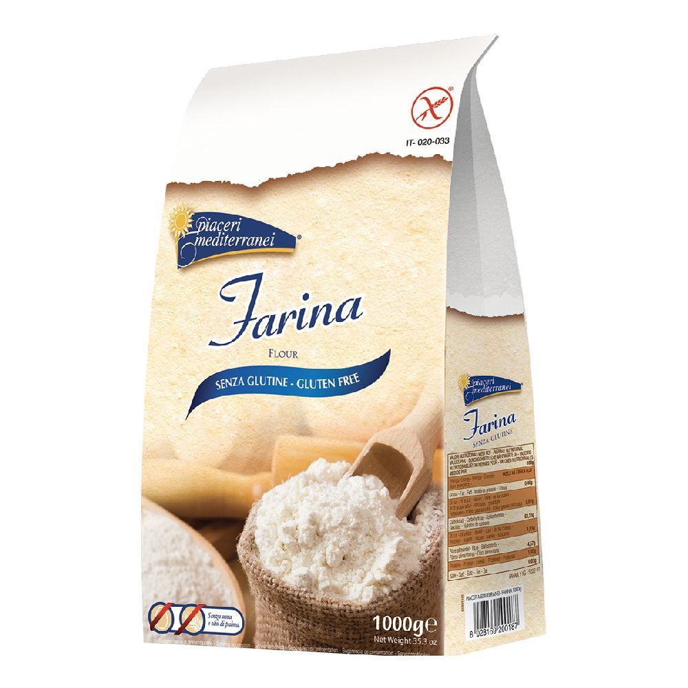 Confezione di farina senza glutine Piaceri Mediterranei. Contiene 1000g. Logo e testo visibili.