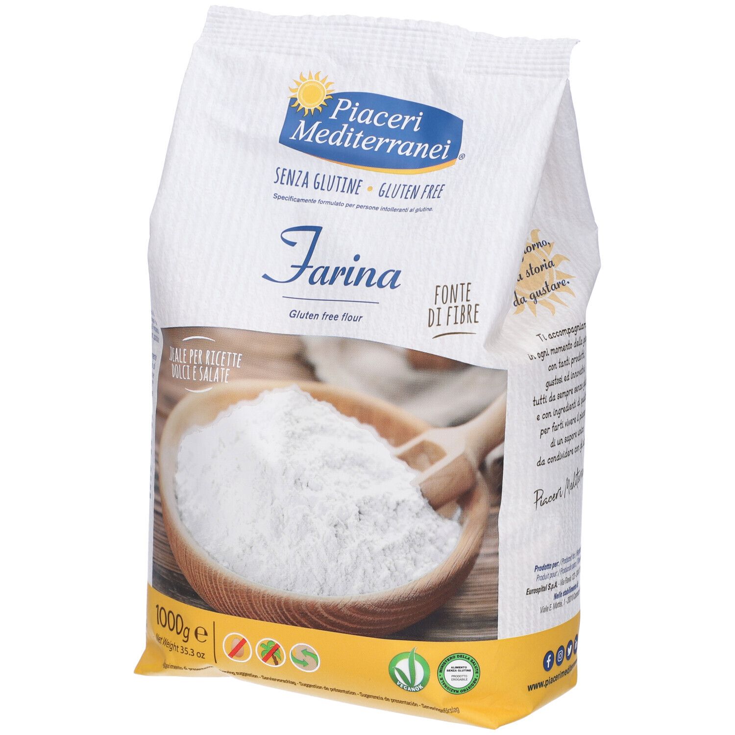 Confezione di farina senza glutine Piaceri Mediterranei. Contiene 1000g. Logo e testo visibili.
