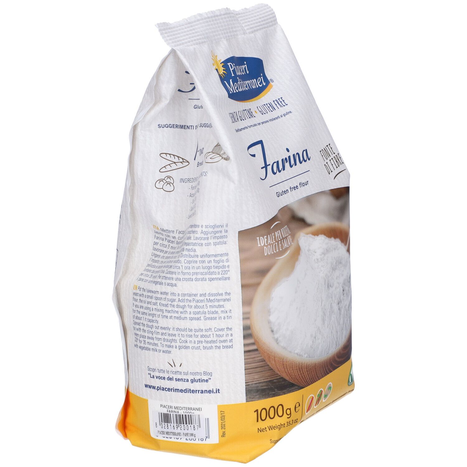 Confezione di farina senza glutine Piaceri Mediterranei. Contiene 1000g. Logo e testo visibili.