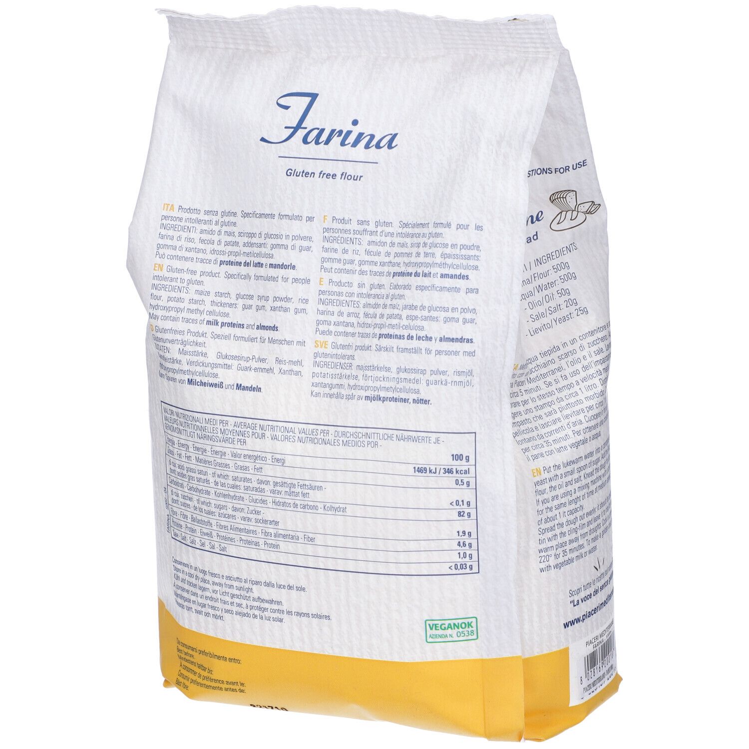 Confezione di farina senza glutine Piaceri Mediterranei. Contiene 1000g. Logo e testo visibili.