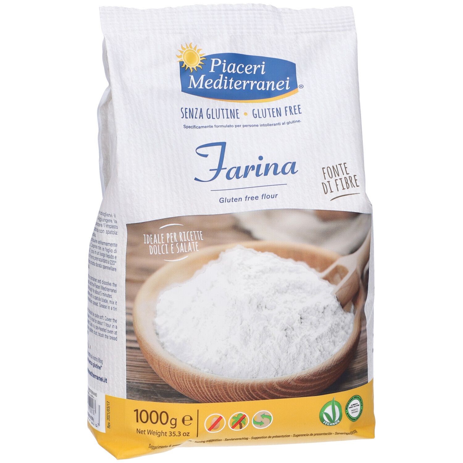 Confezione di farina senza glutine Piaceri Mediterranei. Contiene 1000g. Logo e testo visibili.