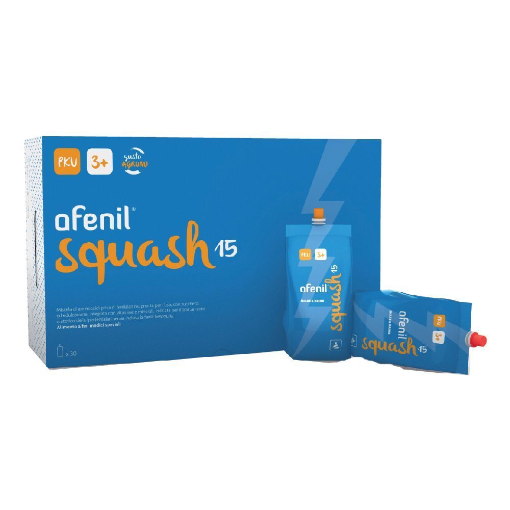 Confezione blu con bustine di prodotto. Scritta "Afenil Squash 15". Singole bustine con tappo rosso.