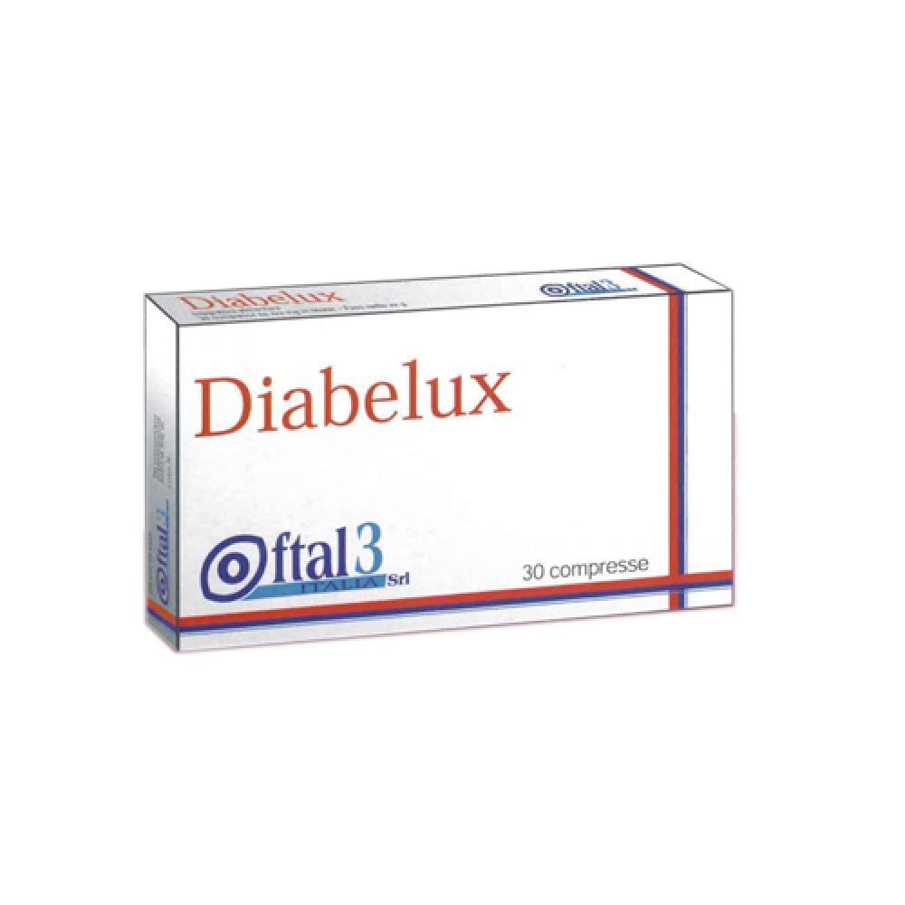 Scatola di compresse Diabelux. Scritta: Diabelux, 30 compresse. Logo: Ofta3 Italia Srl.
