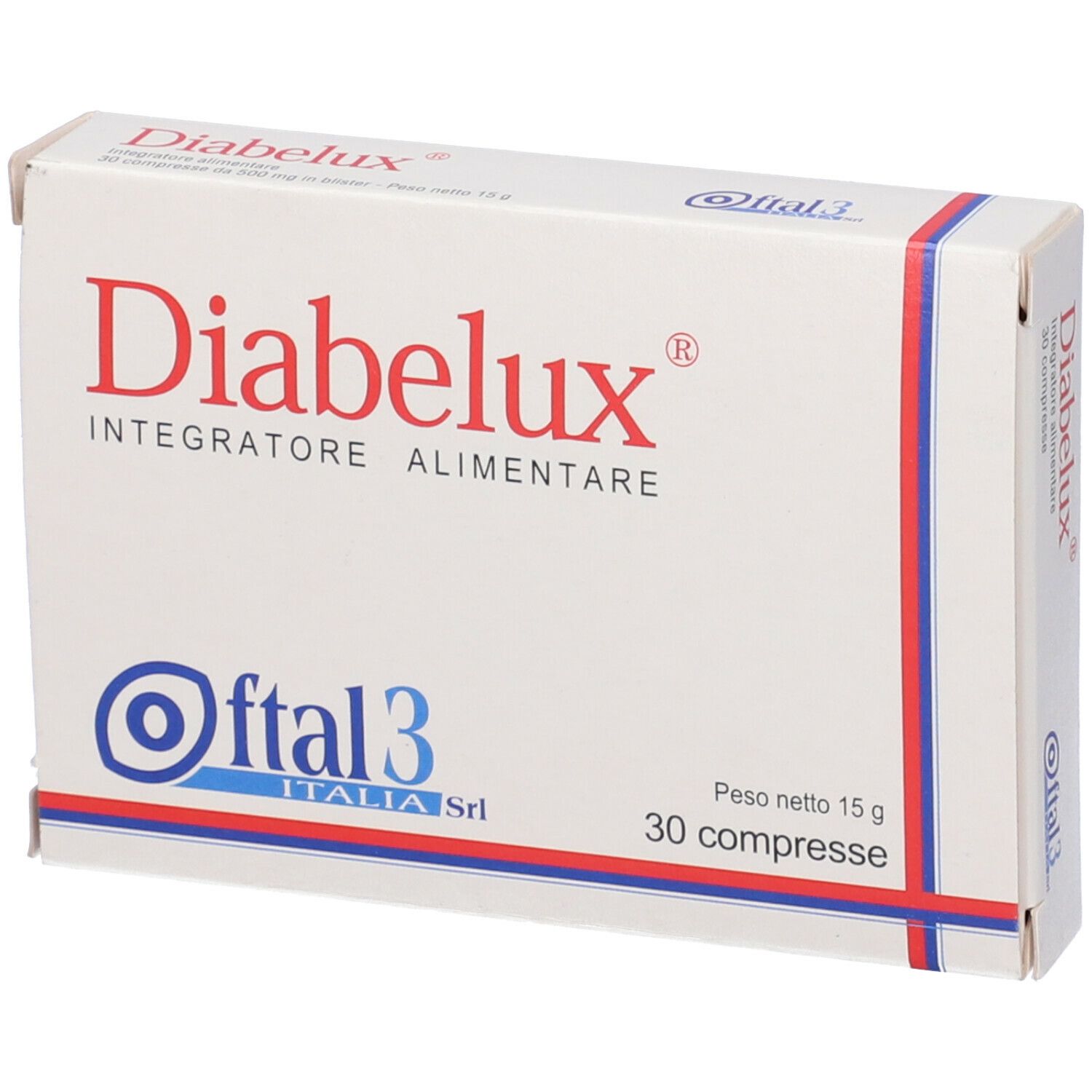 Scatola Diabelux con scritta: Integratore Alimentare, 30 compresse, 15 g. Logo: Ofta3 Italia Srl.