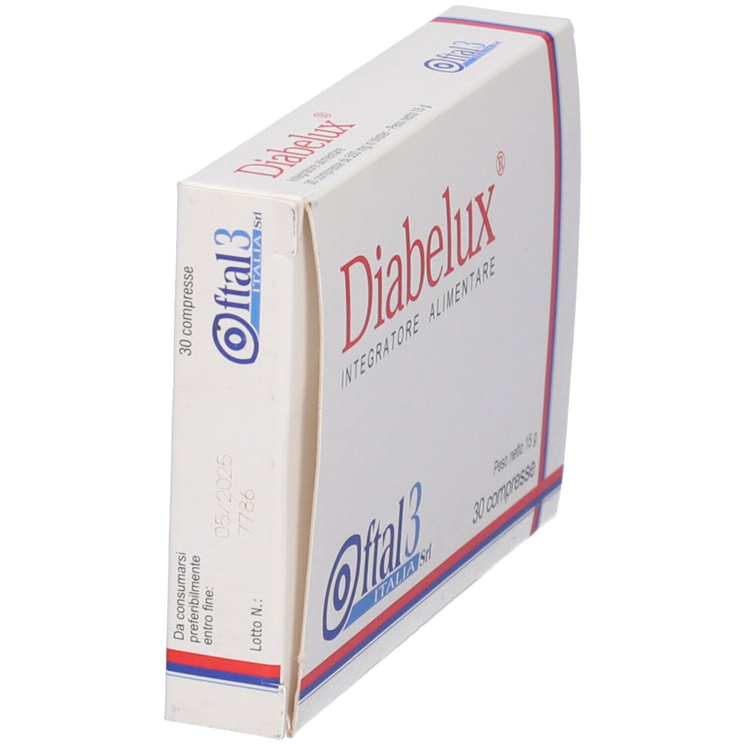 Scatola Diabelux, in prospettiva. Scritta: Diabelux, 30 compresse. Logo: Ofta3 Italia Srl. Peso: 15 g.