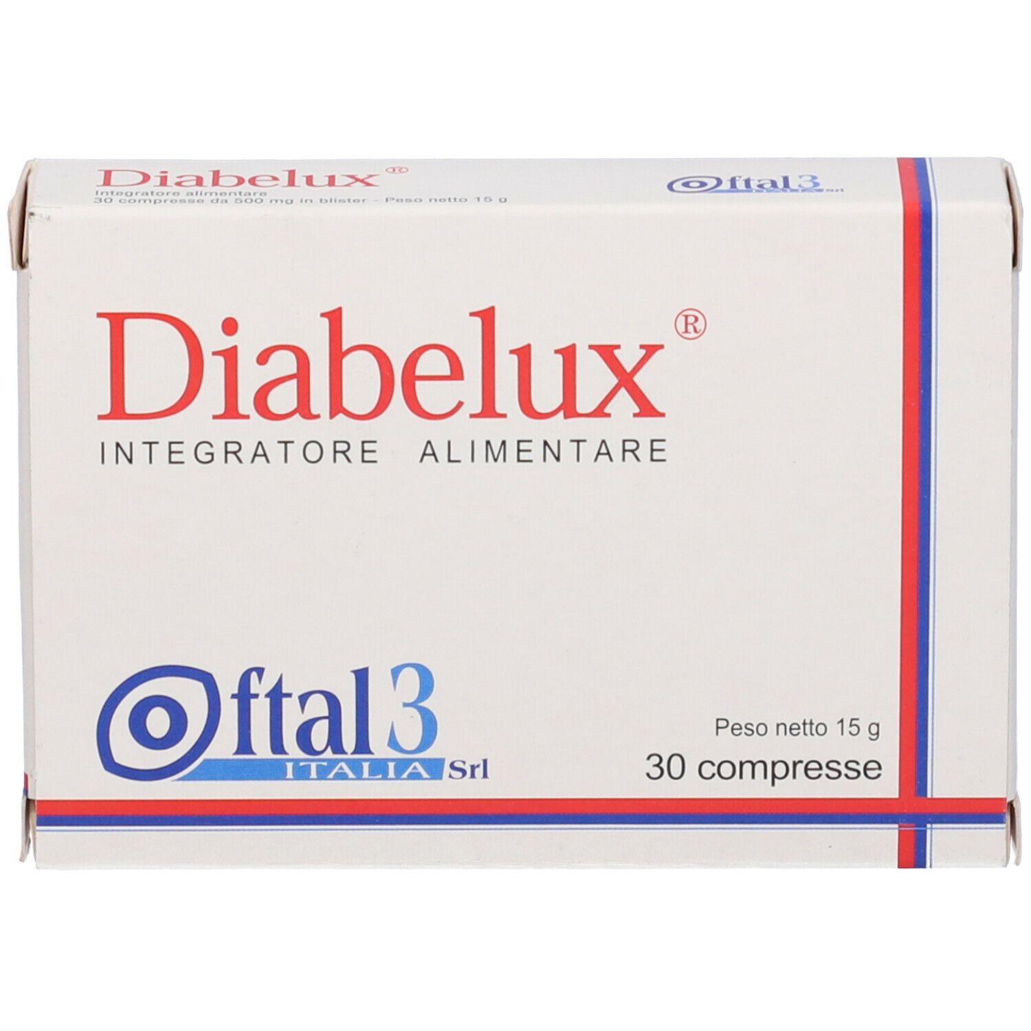 Scatola Diabelux. Scritta: Diabelux, Integratore Alimentare, 30 compresse, 15 g. Logo: Ofta3 Italia Srl.