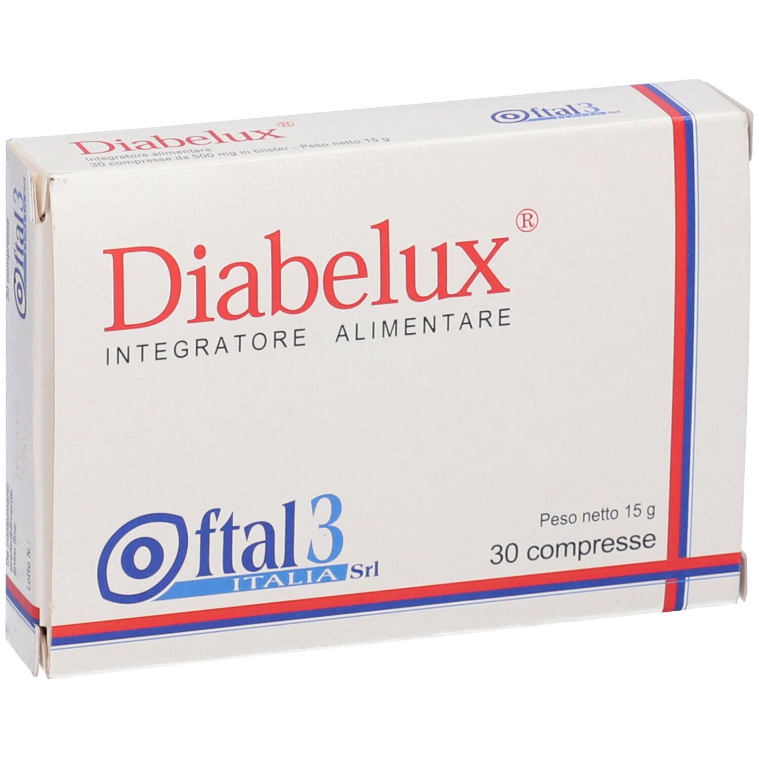 Scatola Diabelux. Scritta: Diabelux, Integratore Alimentare, 30 compresse, 15 g. Logo: Ofta3 Italia Srl.