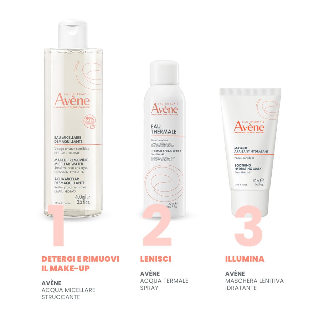 Tre prodotti Avène: spray, acqua micellare, crema.