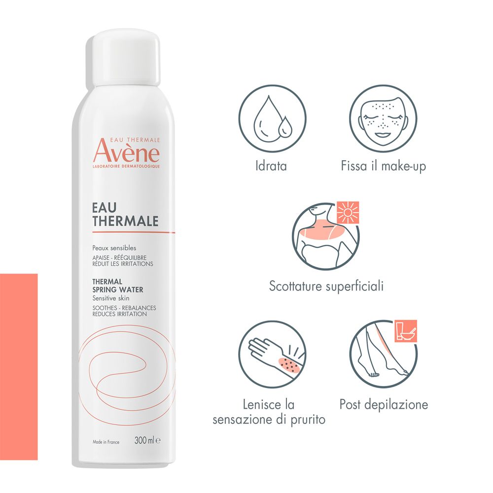 Flacone spray bianco "Eau Thermale Avène" con icone.