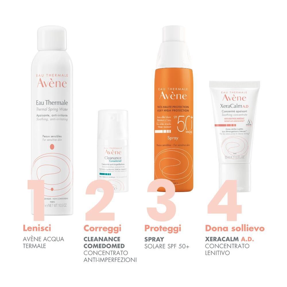 Quattro prodotti Avène: spray, crema, concentrato, crema solare.