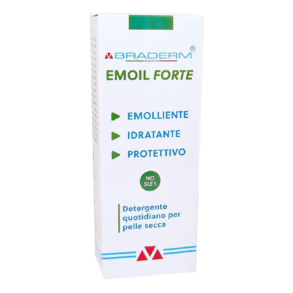 Scatola bianca con accento verde. Testo: Braderm Emoil Forte, Emolliente, Idratante, Protettivo. Detergente quotidiano per pelle secca.