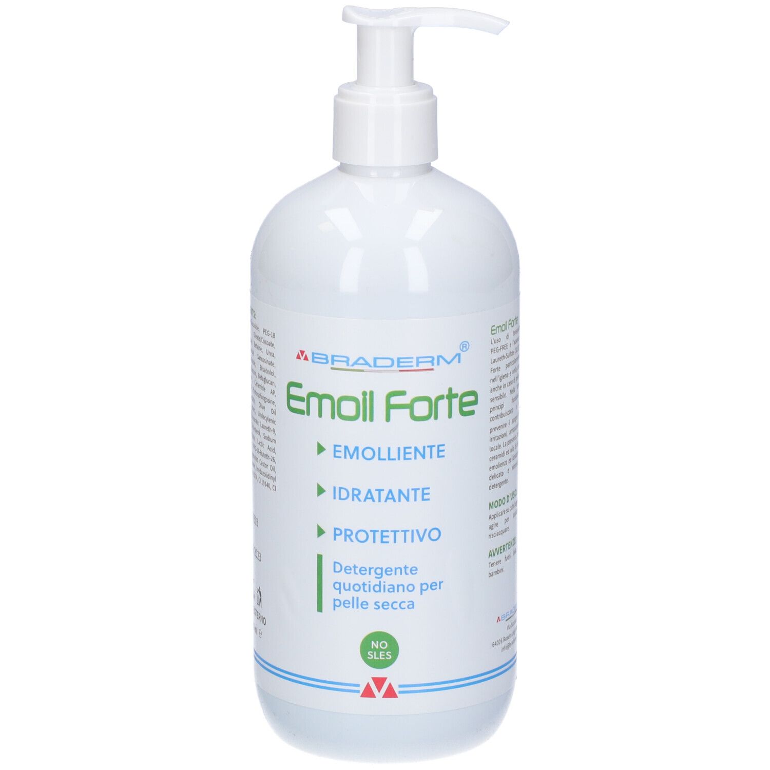 Flacone bianco con dosatore a pompa. Testo: Braderm Emoil Forte, Emolliente, Idratante, Protettivo. Detergente quotidiano per pelle secca. No SLES.