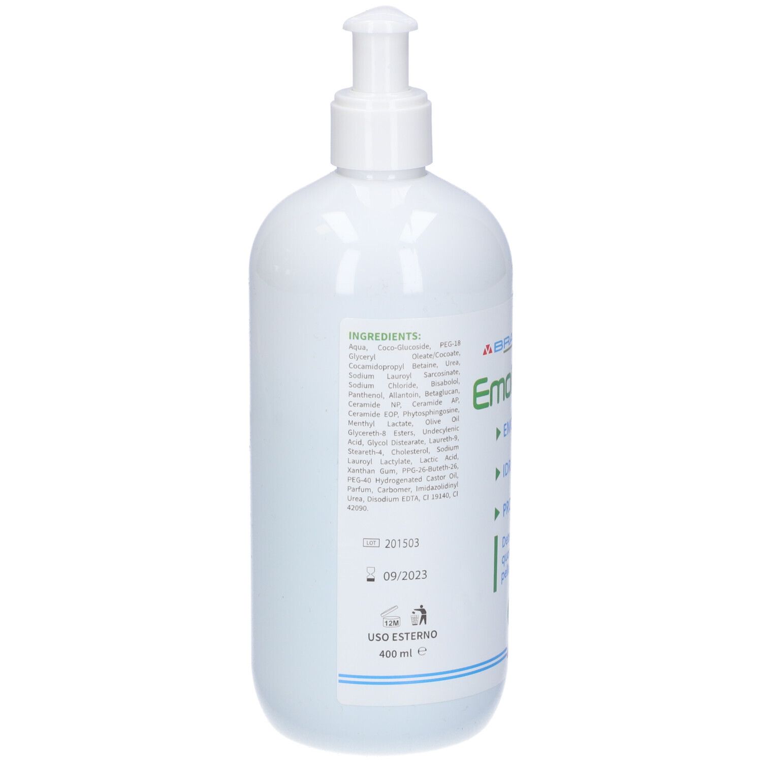 Retro di un flacone bianco con dosatore a pompa. Testo: Ingredienti, Uso Esterno, 400 ml. Date di produzione e scadenza.