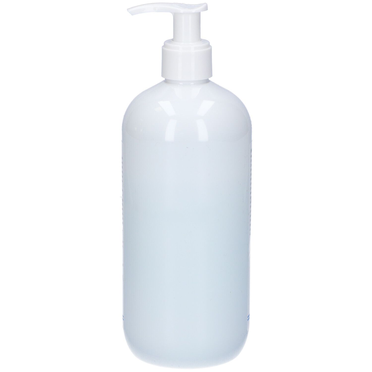 Flacone bianco con dosatore a pompa. Superficie liscia, senza testo. Forma arrotondata.