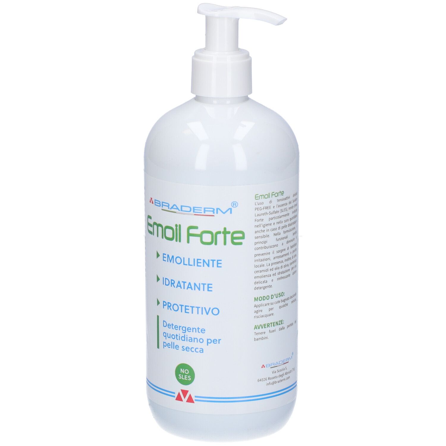 Flacone bianco con dosatore a pompa. Testo: Braderm Emoil Forte, Emolliente, Idratante, Protettivo. Detergente quotidiano per pelle secca. No SLES.