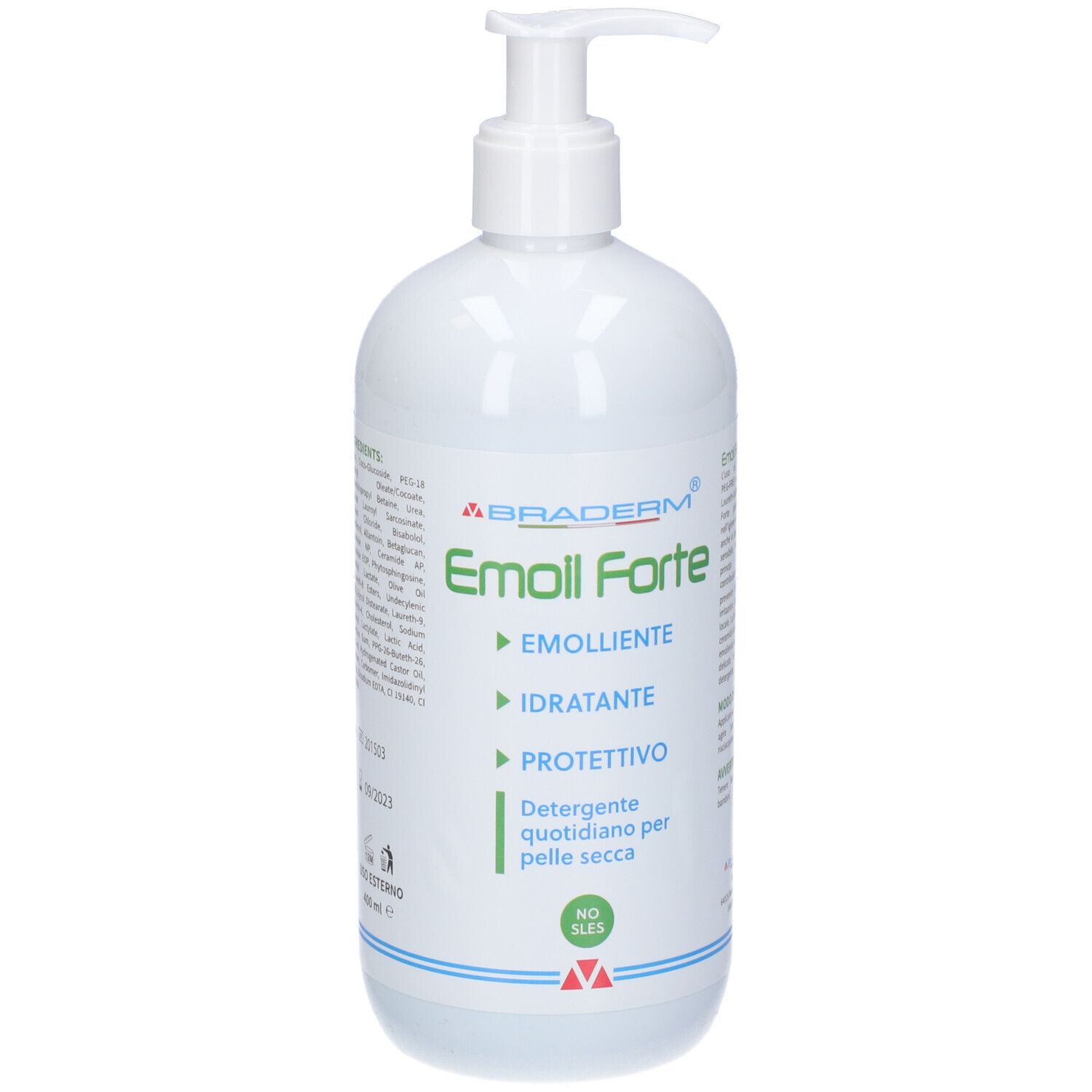 Flacone bianco con dosatore a pompa. Testo: Braderm Emoil Forte, Emolliente, Idratante, Protettivo. Detergente quotidiano per pelle secca. No SLES.