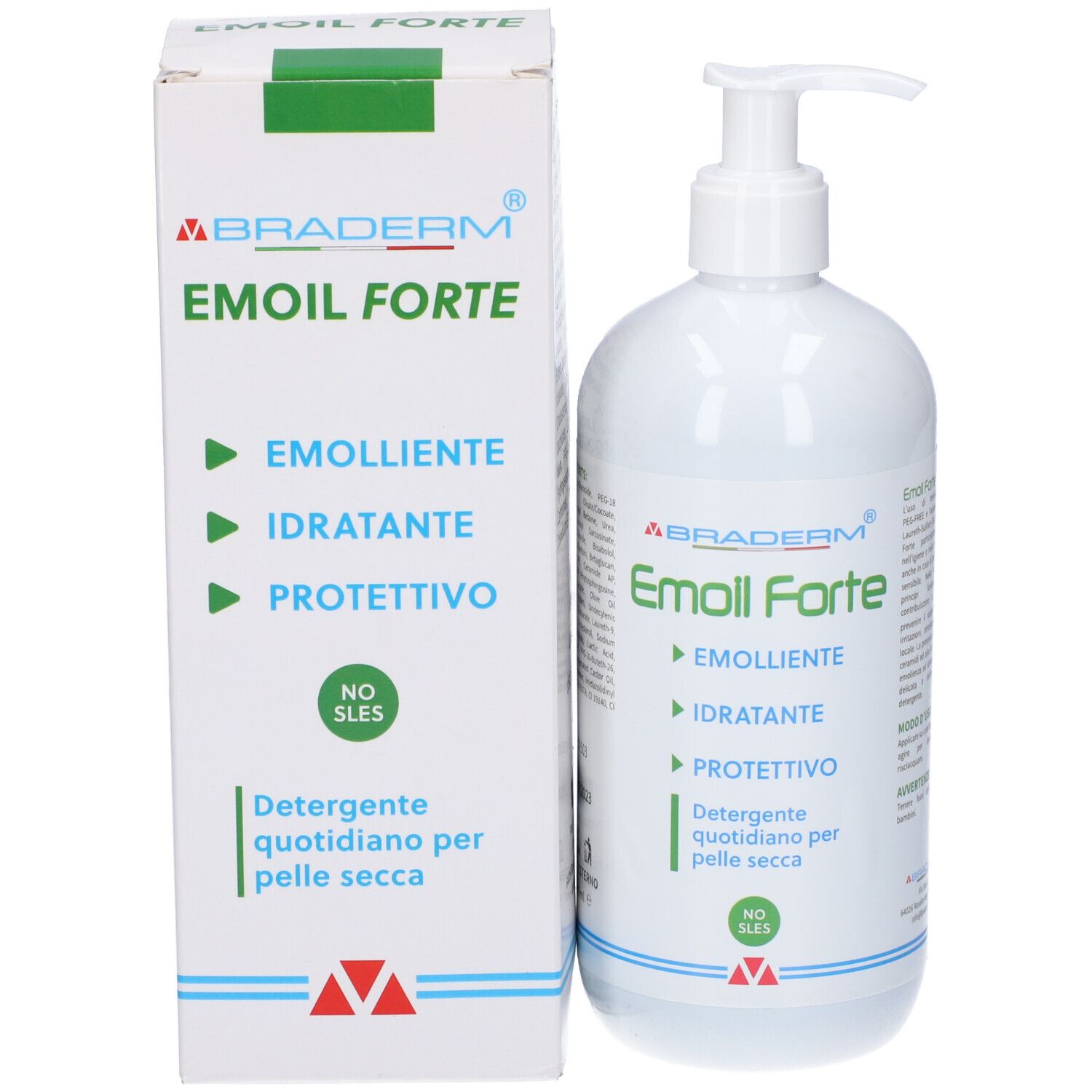 Confezione del prodotto: Flacone bianco con dosatore a pompa e scatola. Testo: Braderm Emoil Forte, Emolliente, Idratante, Protettivo. No SLES.