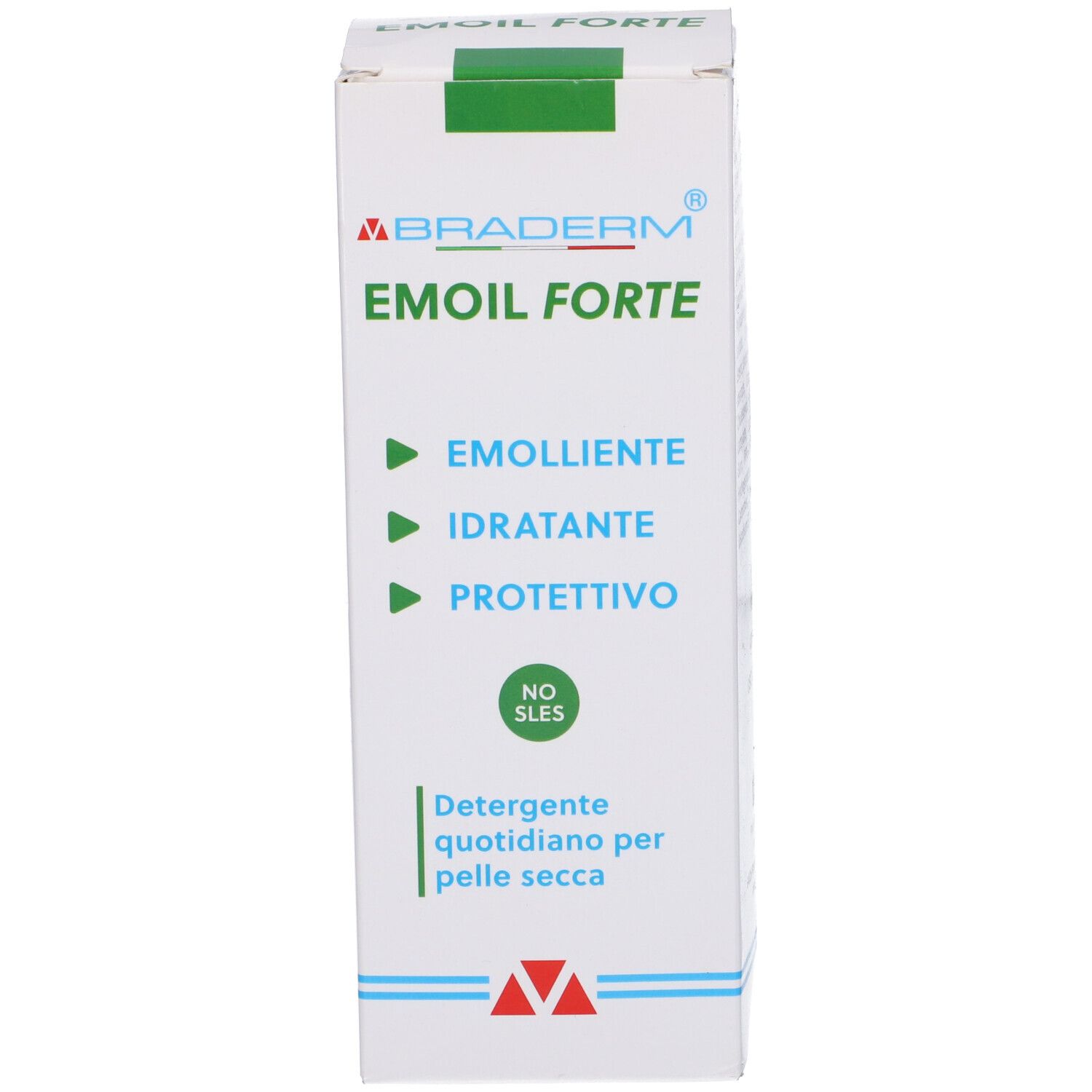 Scatola bianca. Testo: Braderm Emoil Forte, Emolliente, Idratante, Protettivo. Detergente quotidiano per pelle secca. No SLES.