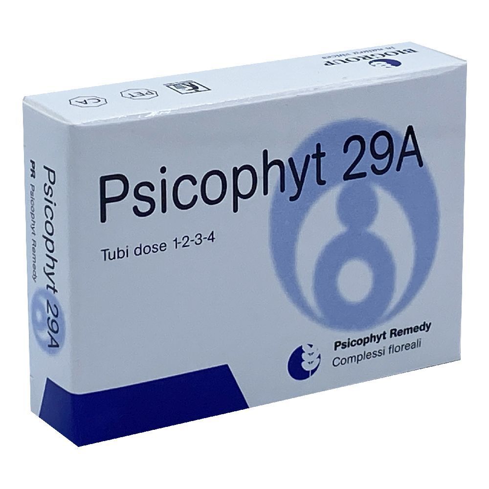 Scatola bianca con 'Psicophyt 29A'. Grafica blu e testo 'Tubi dose 1-2-3-4'. Logo e testo 'Psicophyt Remedy'.