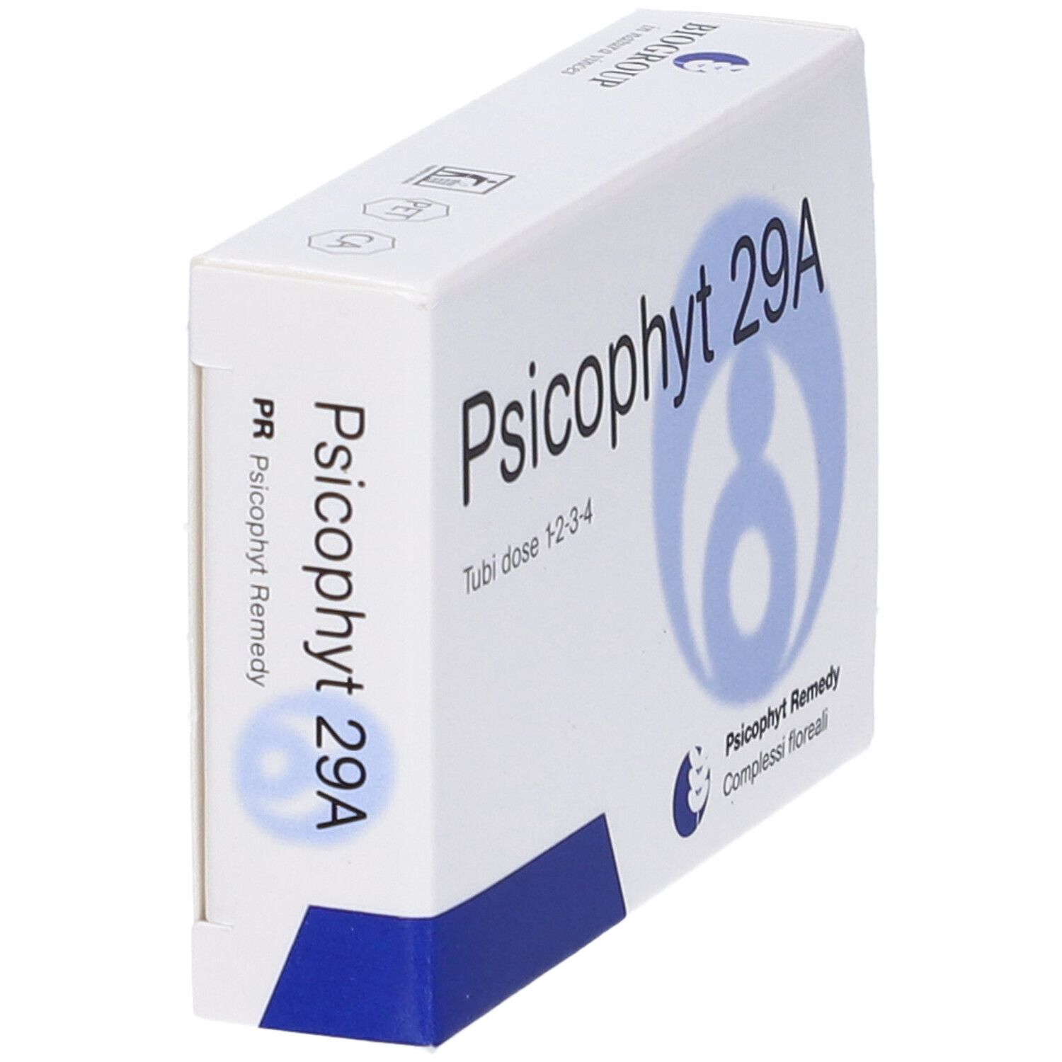 Scatola bianca con 'Psicophyt 29A'. Testo 'Tubi dose 1-2-3-4'. Design blu. Logo e testo 'Psicophyt Remedy'.