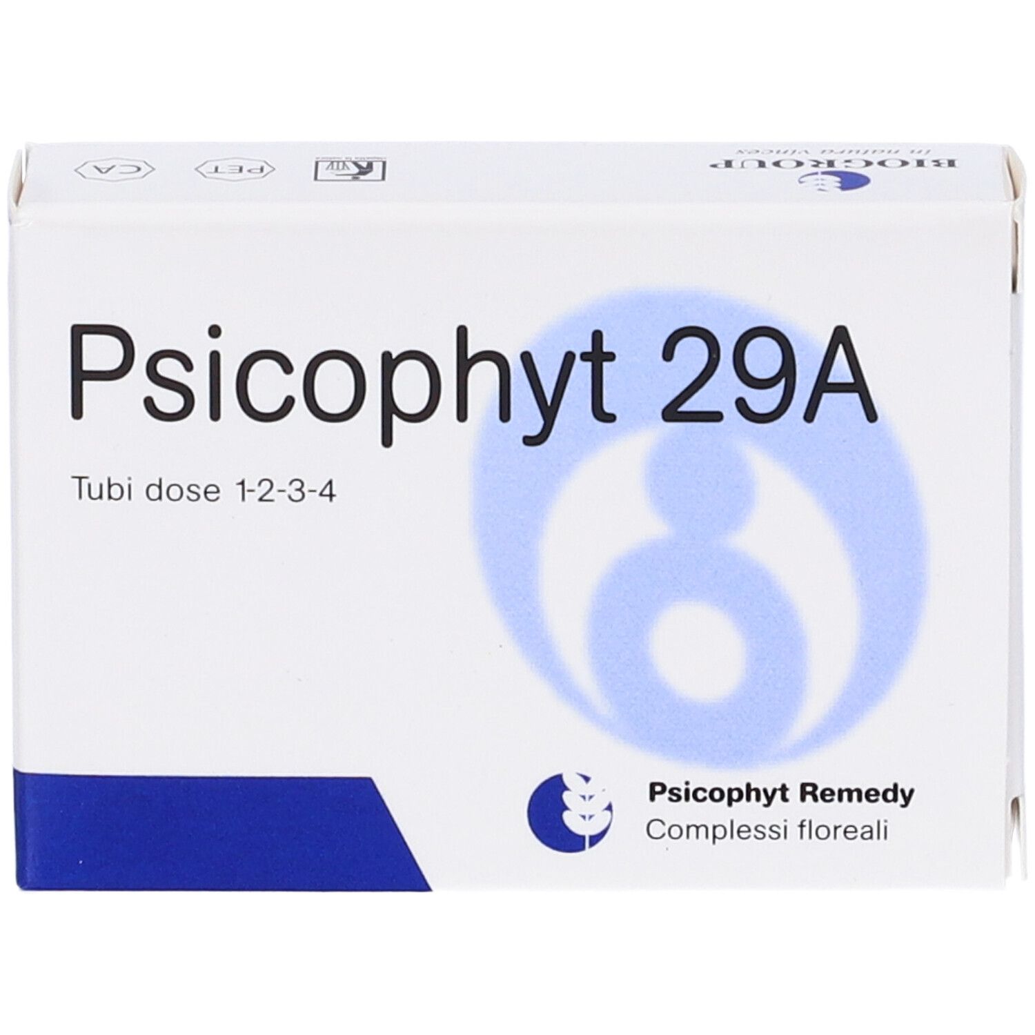 Scatola bianca con 'Psicophyt 29A'. Testo 'Tubi dose 1-2-3-4'. Design blu. Logo e testo 'Psicophyt Remedy'.