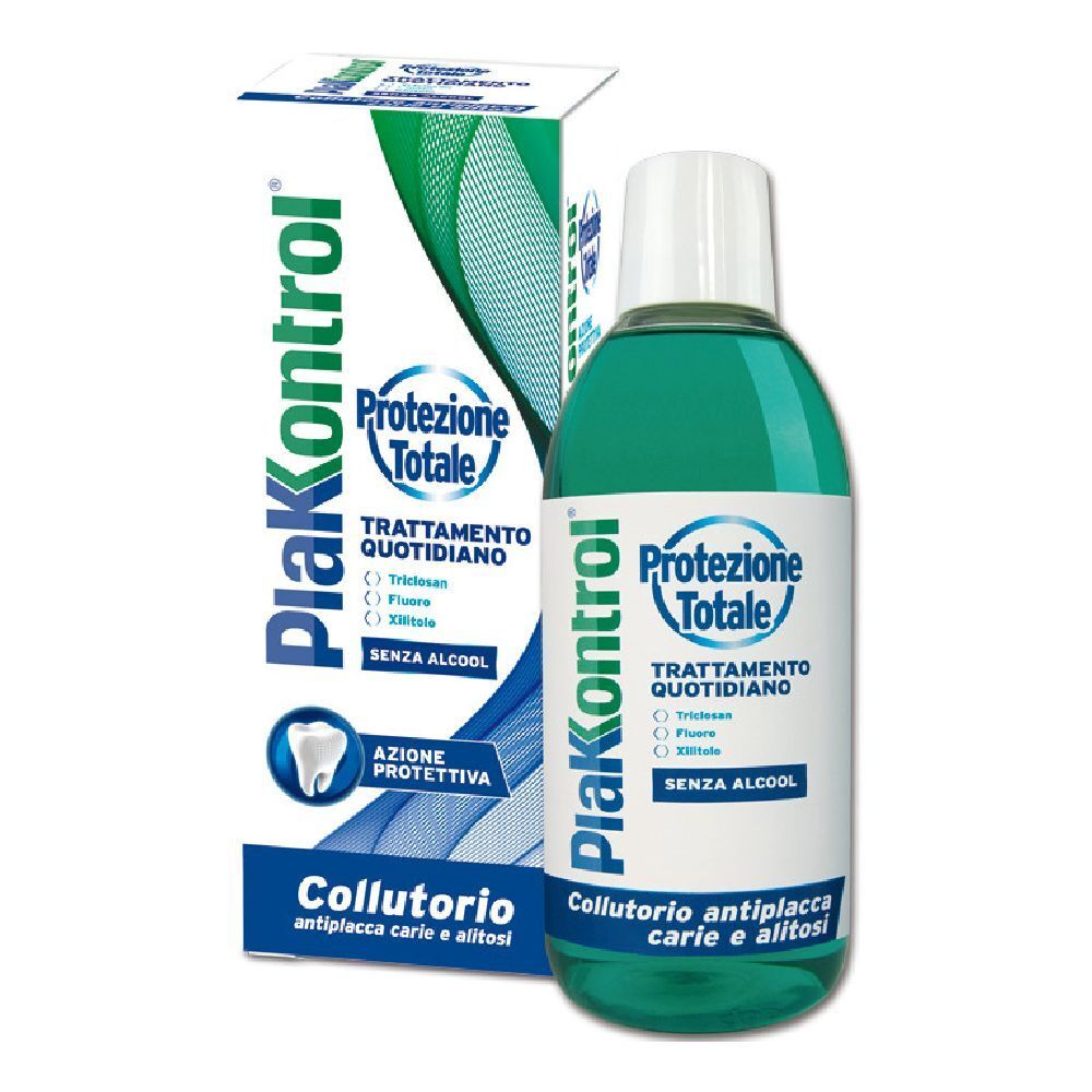 Collutorio con confezione. Confezione blu e bianca con nome del prodotto e simbolo del dente. Liquido verde nella bottiglia.