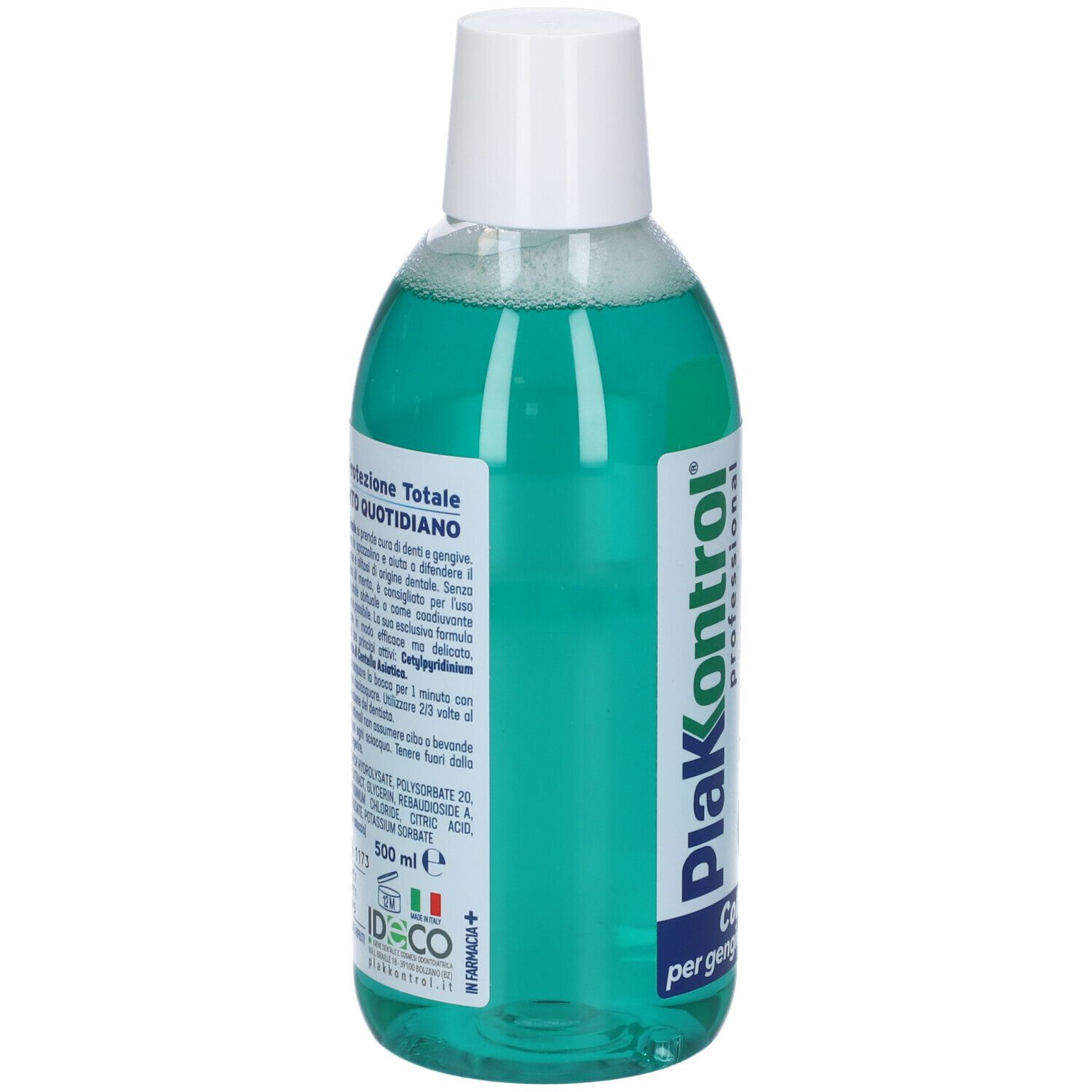 Collutorio, liquido verde in bottiglia con tappo bianco. Nome del prodotto e testo sulla bottiglia.