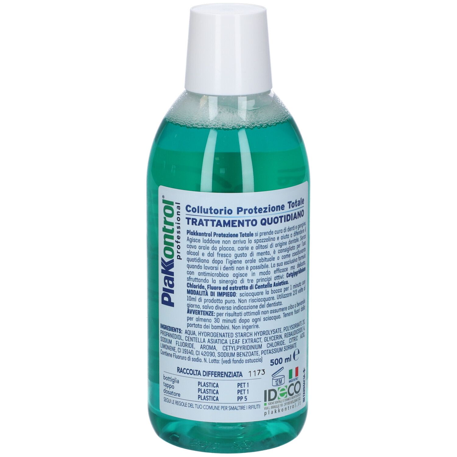 Collutorio, liquido verde in bottiglia con tappo bianco. Nome del prodotto e testo sulla bottiglia.