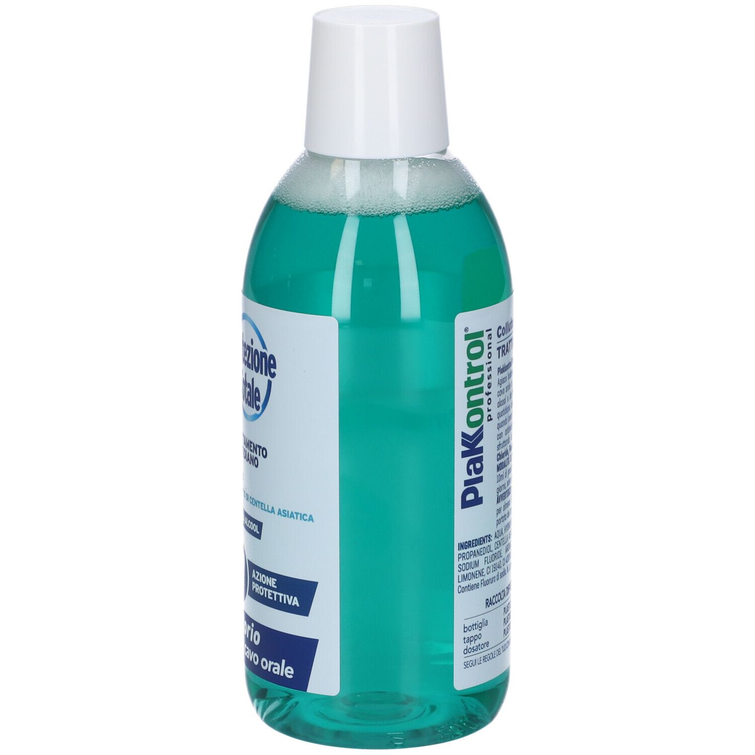 Collutorio, liquido verde in bottiglia con tappo bianco. Nome del prodotto e testo sulla bottiglia.