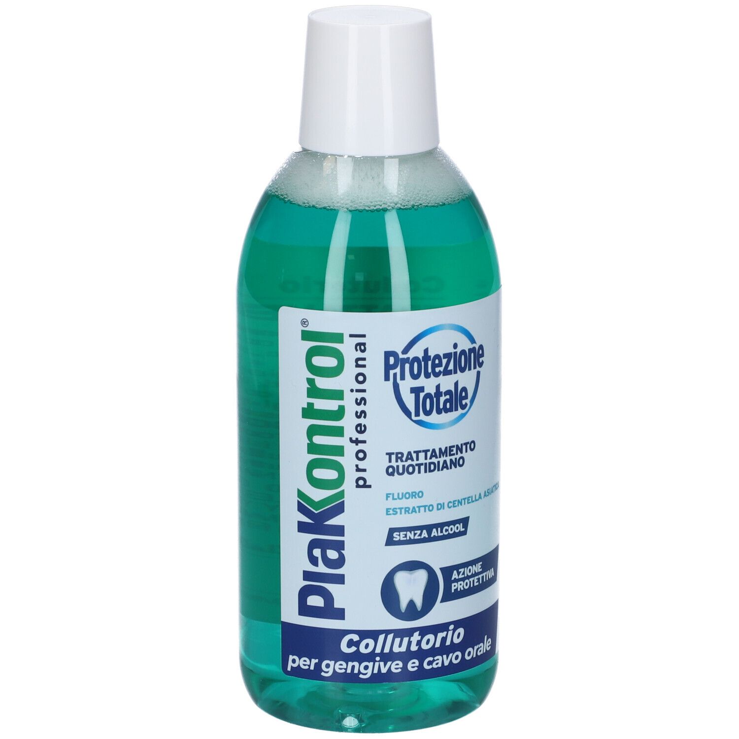 Collutorio, liquido verde in bottiglia con tappo bianco. Nome del prodotto e testo sulla bottiglia.